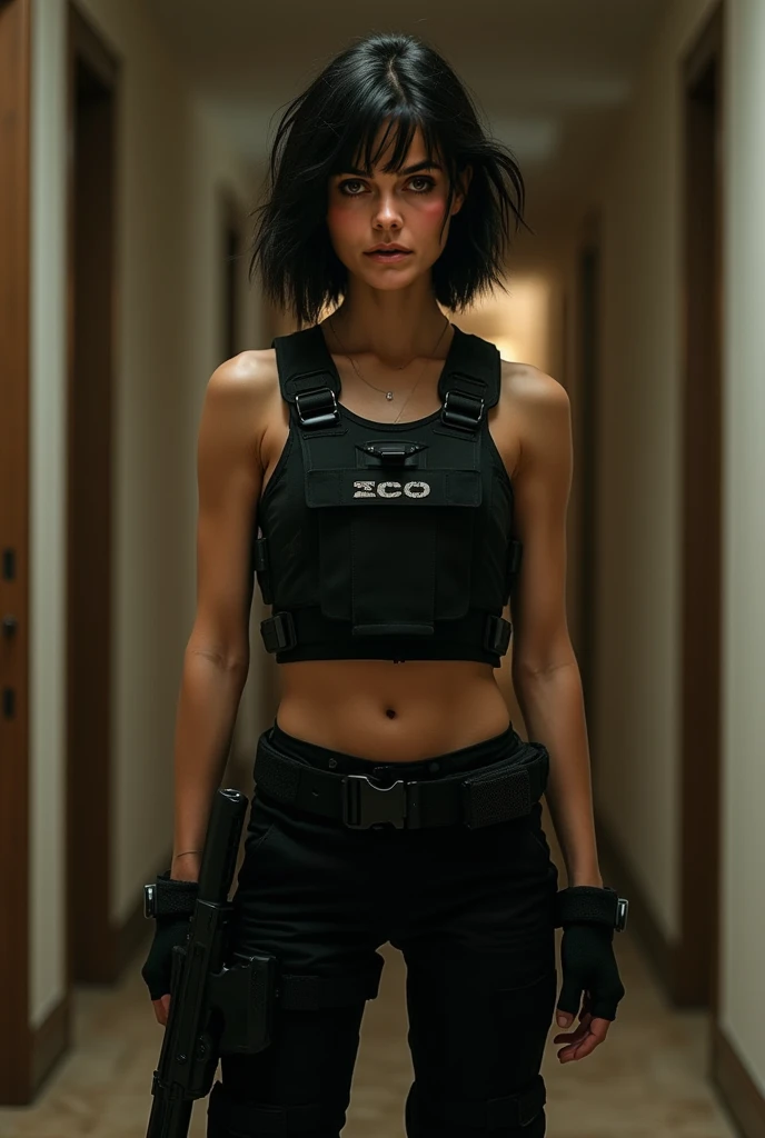 [[((young attractive Singaporean woman with strong Chinese Asian influence, a brown tanned complexion, long straight dark black hair dyed purple, striking almond-shaped dark brown eyes, and a  frame:1.6)), ((Sophie Tan:1.5)), posing indoors, wearing ((a red crop top with buckles, black high-waisted shorts with side straps, and a black oversized jacket:1.6)). She is striking a stylish pose, adjusting her jacket with both hands. The background features a modern interior setting. The scene is captured with a ((full-frame DSLR:1.4)) using a ((85mm prime lens:1.4)) to keep Sophie in sharp focus while slightly blurring the background. Professional lighting enhances her natural features and the fashionable outfit. The image should be in ((8K resolution:1.5)) with ((hyper-realistic detail:1.6)). The focus is on Sophie’s edgy fashion style, her confident pose, and the modern interior setting.]]

