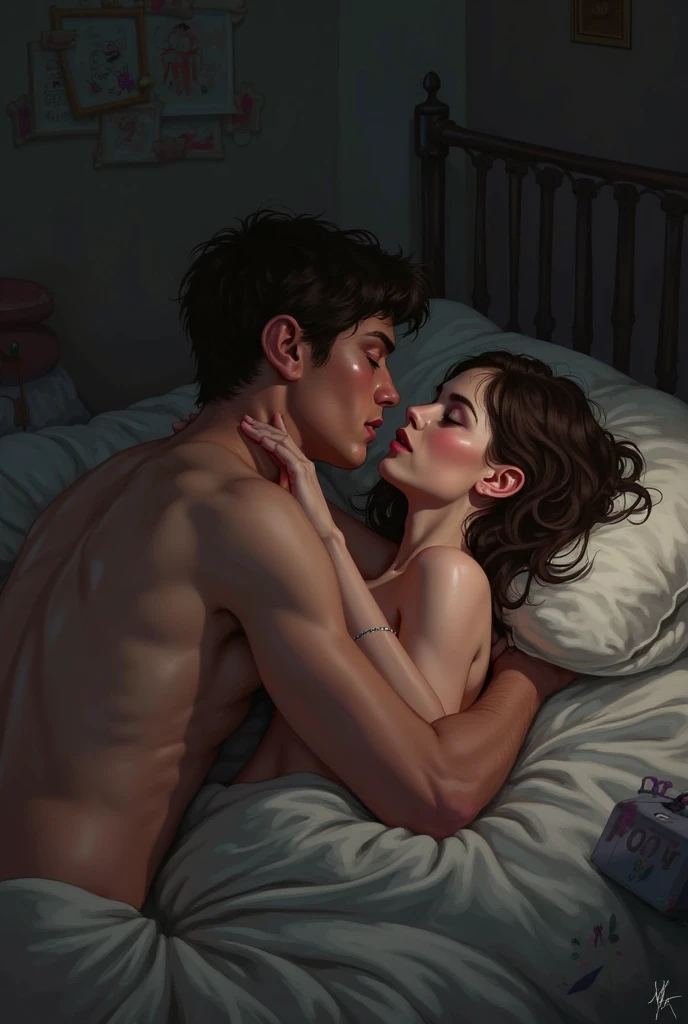 Fat Mature woman, long dark brown hair, milf, makeup, night, bed, sleeping on her side, side view, sleeping, light off, dark room, 1boy, penis in mouth, penis, grabs her by hair, cuming, cum in mouth