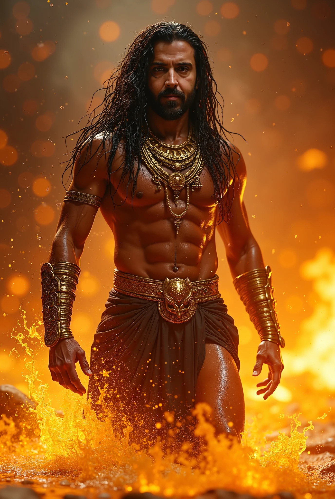 Indian male skin black, shaman, fat. Background: cinematic sandstorm, extreme realistic sunset, decadent background, light particles, flowing hair, maximum focus, realistic body, realistic face, professional lighting, octane render, beautiful features, beautifully detailed clothes, unlimited light, magnificent, detailed skin texture, extreme details, cinematic lighting, (masterpiece), (ultra detailed), (Ultra-HD), focus --auto --s2