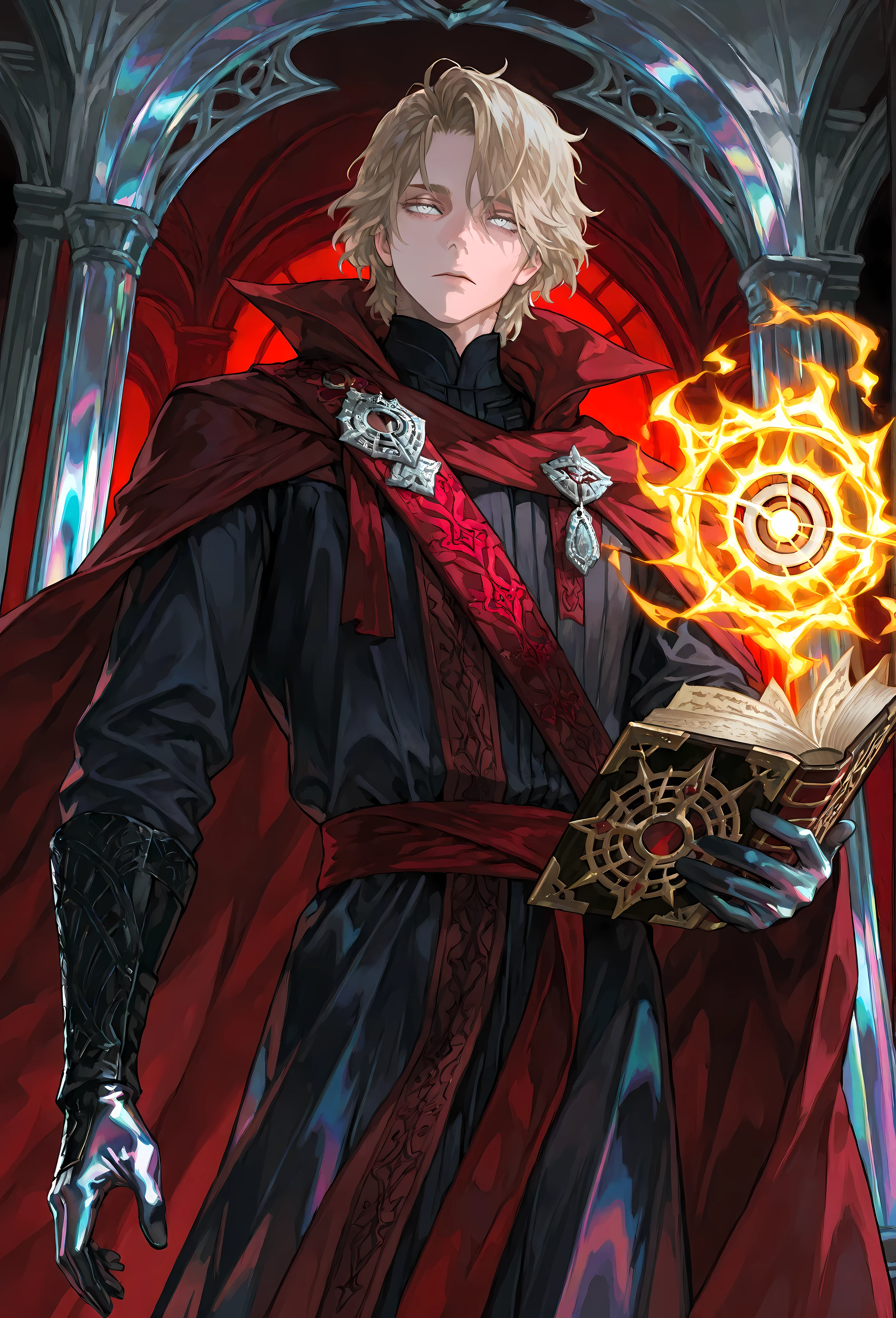 8k, beautiful masterpiece, looking out at the front, alone, pale skin, Perfect Eyes shape, Athletic Build, ((He wears: Black Doctor Strange Robes, Eye of Agamotto Amulet, Dark Red Cape with Cowl, Mystic Gloves, Dark Red Sash)), (((background is vast magic library, looks emotionless and somber while holding a grimoire and casting a spell))), 23 years old male, 1 man, male-centered, handsome man, handsome, short messy hair, blonde hair, Thick painted, (((iridescent silver eyes))), Perfect Eyes, masterpiece, top quality, amazing quality, exquisite details, very detailed, semi-realism art , semi-realism art style