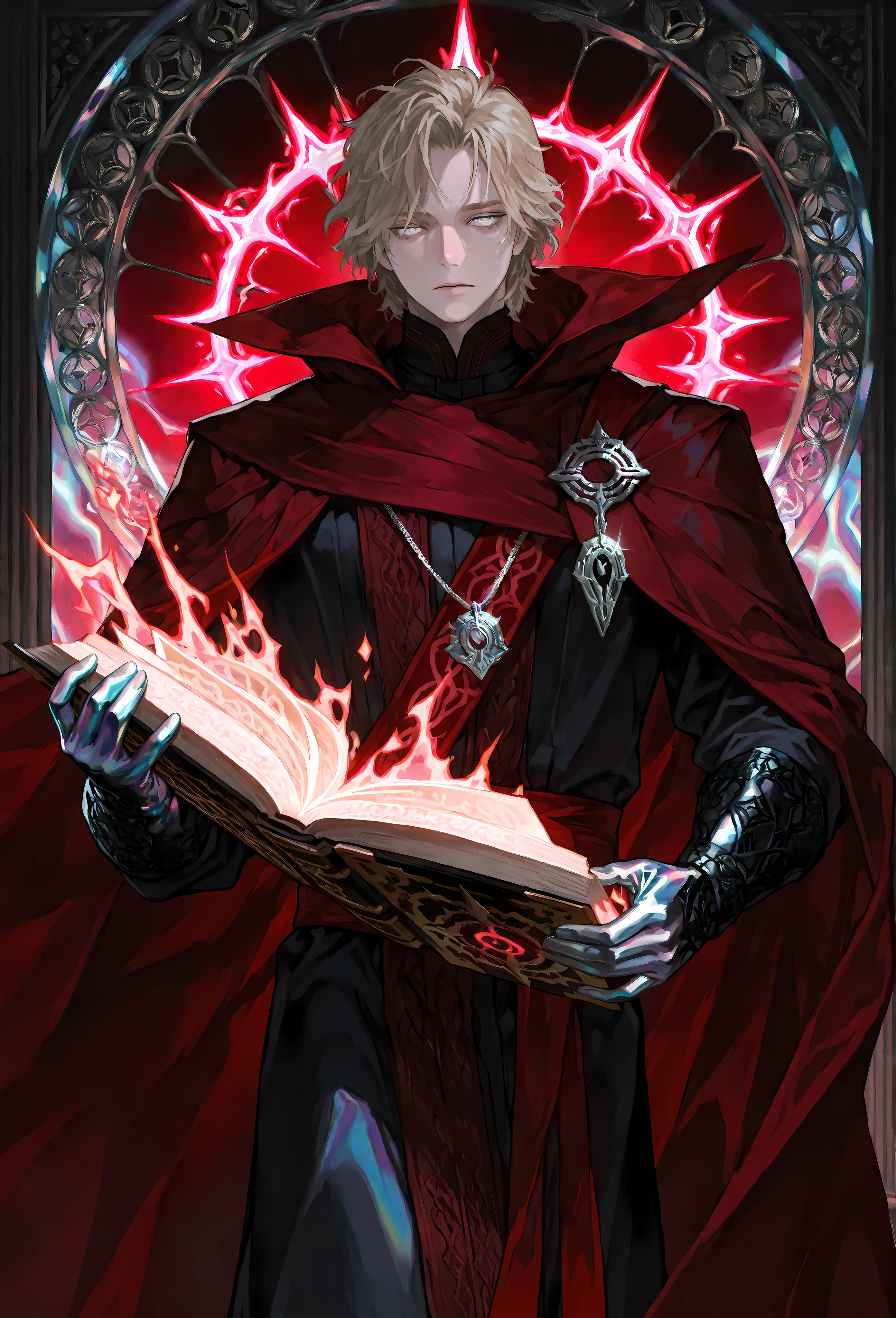 8k, beautiful masterpiece, looking out at the front, alone, pale skin, Perfect Eyes shape, Athletic Build, ((He wears: Black Doctor Strange Robes, Eye of Agamotto Amulet, Dark Red Cape with Cowl, Mystic Gloves, Dark Red Sash)), (((background is vast magic library, looks emotionless and somber while holding a grimoire and casting a spell))), 23 years old male, 1 man, male-centered, handsome man, handsome, short messy hair, blonde hair, Thick painted, (((iridescent silver eyes))), Perfect Eyes, masterpiece, top quality, amazing quality, exquisite details, very detailed, semi-realism art , semi-realism art style