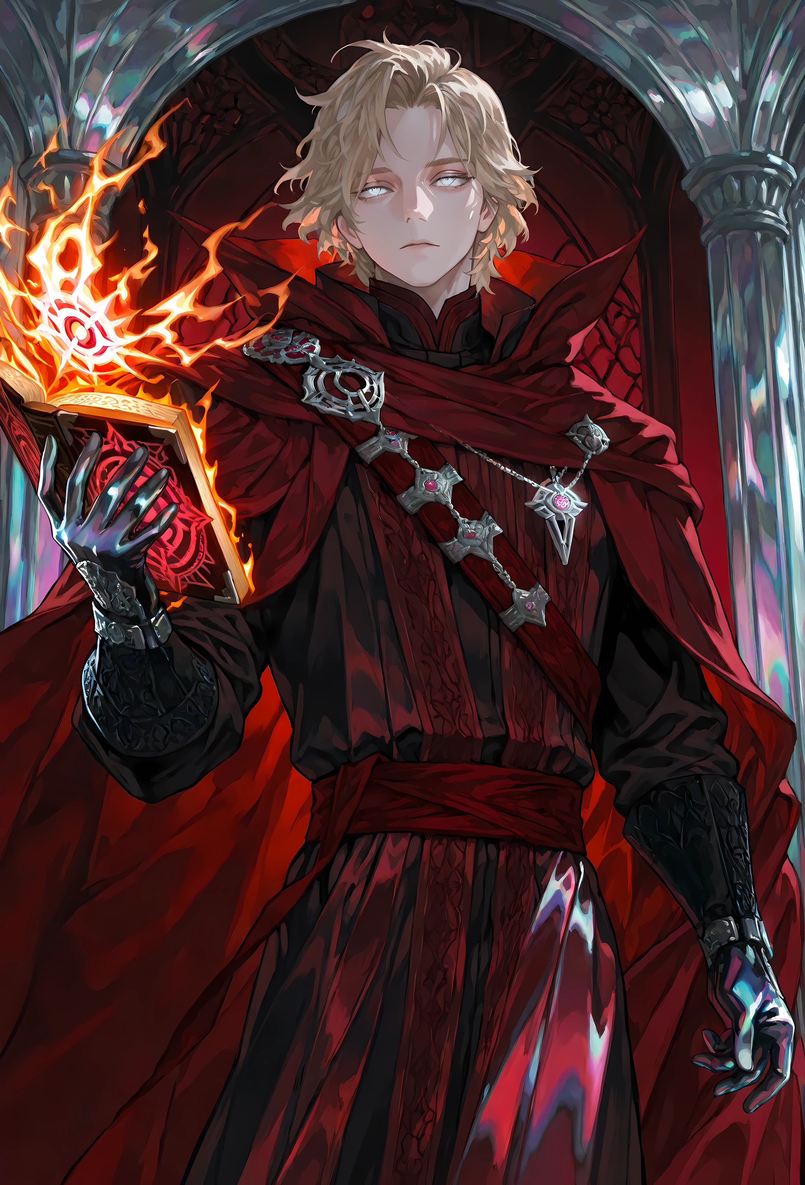 8k, beautiful masterpiece, looking out at the front, alone, pale skin, Perfect Eyes shape, Athletic Build, ((He wears: Black Doctor Strange Robes, Eye of Agamotto Amulet, Dark Red Cape with Cowl, Mystic Gloves, Dark Red Sash)), (((background is vast magic library, looks emotionless and somber while holding a grimoire and casting a spell))), 23 years old male, 1 man, male-centered, handsome man, handsome, short messy hair, blonde hair, Thick painted, (((iridescent silver eyes))), Perfect Eyes, masterpiece, top quality, amazing quality, exquisite details, very detailed, semi-realism art , semi-realism art style