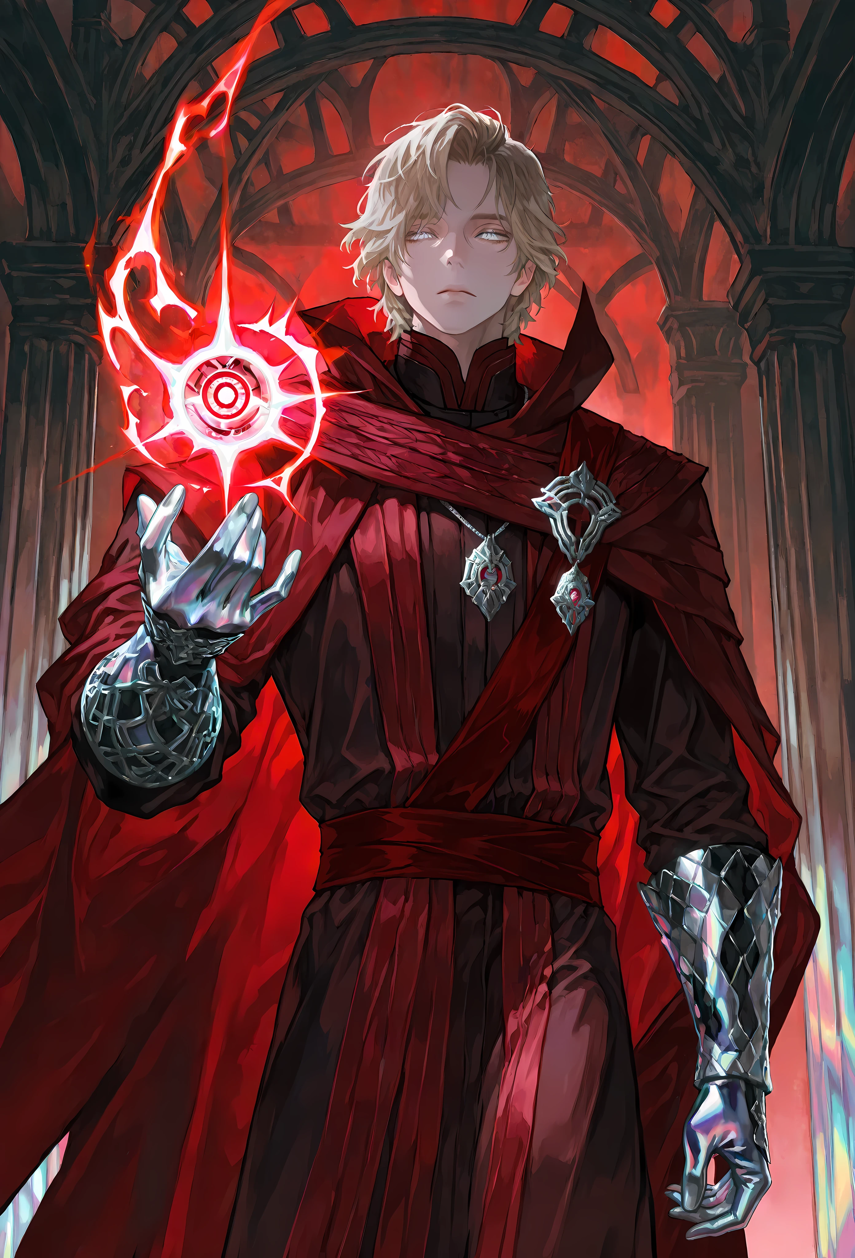 8k, beautiful masterpiece, looking out at the front, alone, pale skin, Perfect Eyes shape, Athletic Build, ((He wears: Black Doctor Strange Robes, Eye of Agamotto Amulet, Dark Red Cape with Cowl, Mystic Gloves, Dark Red Sash)), (((background is vast magic library, looks emotionless and somber while casting a spell))), 23 years old male, 1 man, male-centered, handsome man, handsome, short messy hair, blonde hair, Thick painted, (((iridescent silver eyes))), Perfect Eyes, masterpiece, top quality, amazing quality, exquisite details, very detailed, semi-realism art , semi-realism art style