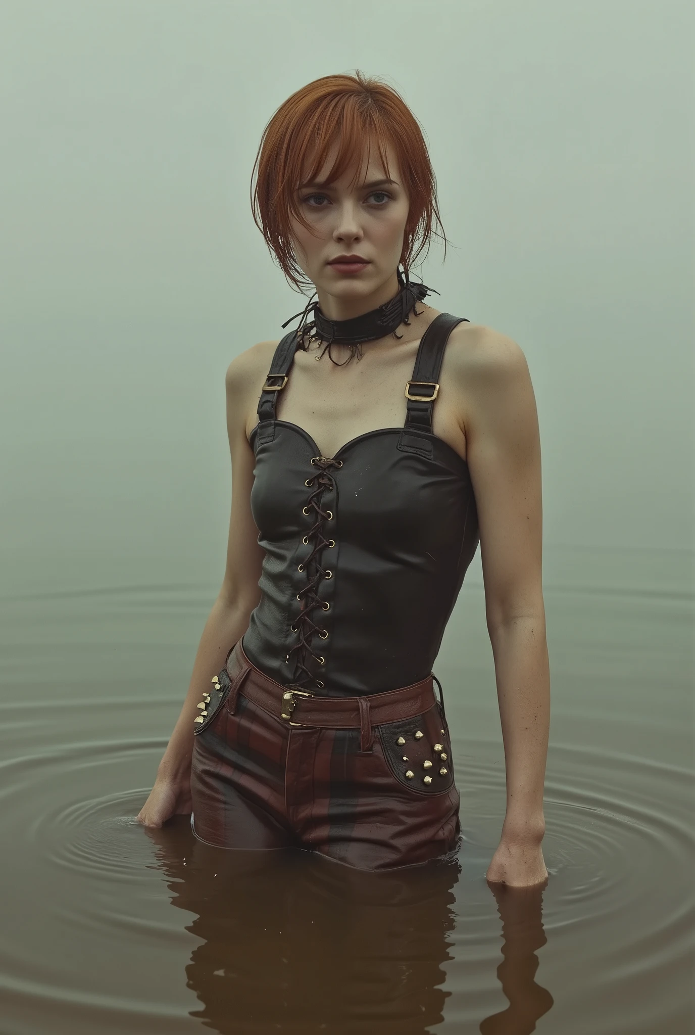 minimalistic, attention-grabbing composition, 1980s bdsm style, (1 older aged vulnerable woman, submissive, dirty, submissive slave accessories, old-fashioned, old-aged, 40 years old, with bags under her eyes, copper-brunette short haircut, in a faded leather skinny dirty bdsm top and faded ugly tight flared bdsm leather pants with laces and spikes) and (1 girl, daring, 20 years old, long blond hair, sports T-shirt, Tartan skirt and over-knee boots, a gloomy expression of orgasm). drowning standing in sludge bog, they have pale skin, dark orgasm. wet clothes, wet hair.