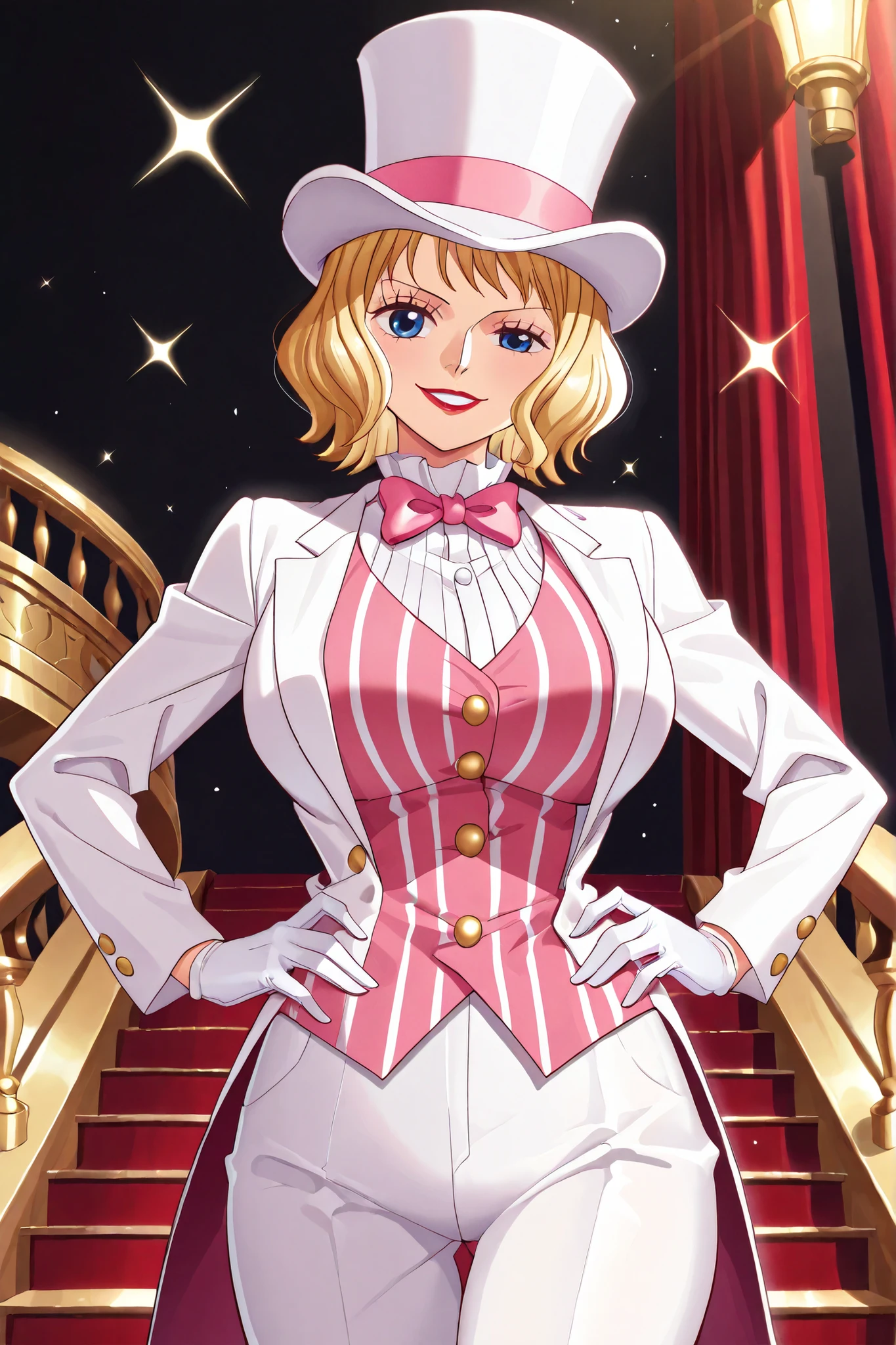 (masterpiece, vibrant colors), solo, 1girl, stussy, one piece, short hair, blonde hair, red lipstick, blue eyes, sleek legs, large breasts, (white silk top hat, pink band, snug fit), white tailcoat, pink pinstripe vest under tailcoat, pink bowtie, white dress pants, ((white gloves)), (smiling, graceful, serene, ladylike, lovely), (dapper, magician), strutting down stairs on an ornate wooden stage, red curtains behind subject, black background,both hands on hips ,gazing at the viewer, ((prim and proper pose, elegant pose)), razzle dazzle vibes, cowboy shot,, facing the viewer, (winking at viewer)