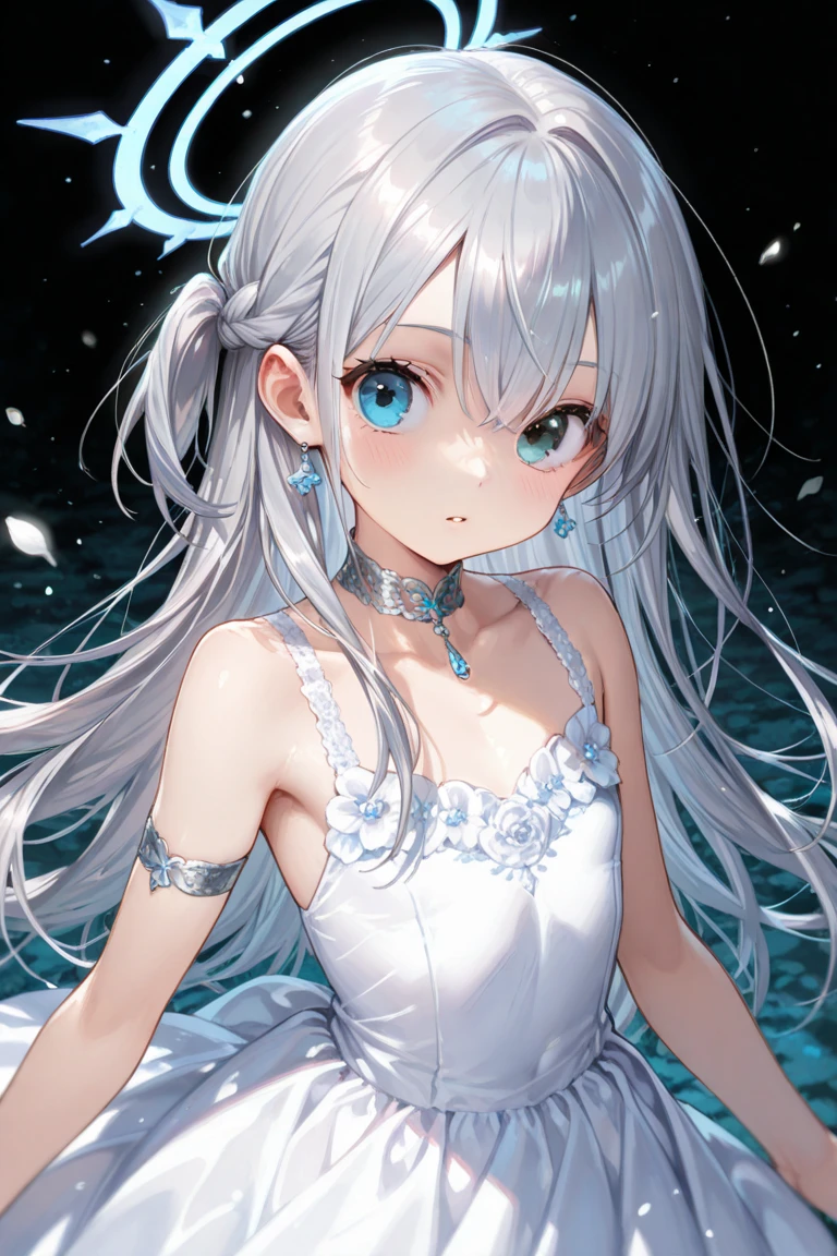(masterpiece, top quality, very aesthetic, 4k、illustration), intricate detail, 1woman,、solo,contrapposto 、Strong glowing eyes、,(cowboy shot)、、(),beautiful face、from side、smile、straight hair、(red to white gradient hair)、,middle hair,sidelock ,レッド eyes、white Summer MermaidDresses、small breasts、Slim 、dim