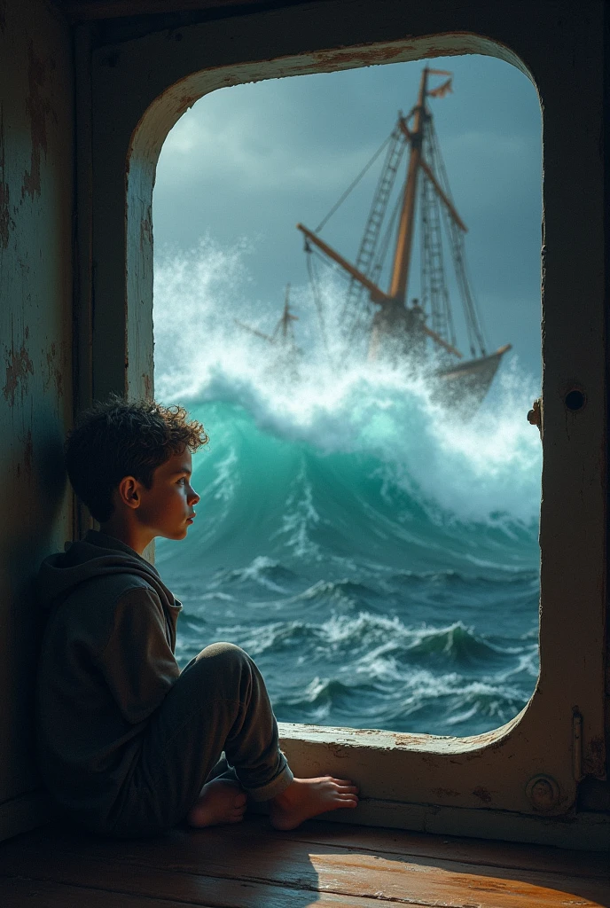 Boy on a boat with a storm in the background with his faithful friend