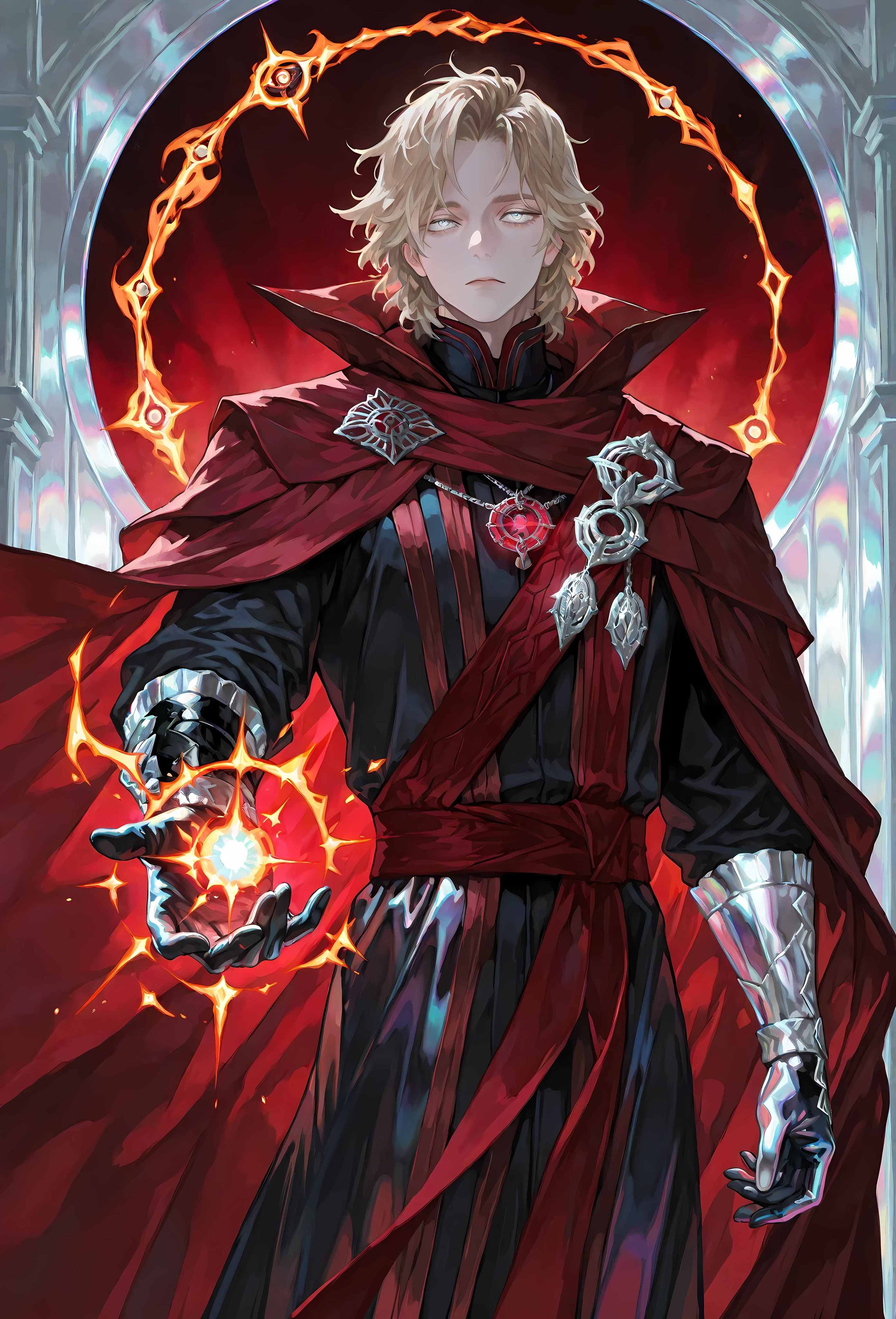 8k, beautiful masterpiece, looking out at the front, alone, pale skin, Perfect Eyes shape, Athletic Build, ((He wears: Black Doctor Strange Robes, Eye of Agamotto Amulet, Dark Red Cape with Cowl, Mystic Gloves, Dark Red Sash)), (((background is vast magic library, looks emotionless and somber while casting a spell))), 23 years old male, 1 man, male-centered, handsome man, handsome, short messy hair, blonde hair, Thick painted, (((iridescent silver eyes))), Perfect Eyes, masterpiece, top quality, amazing quality, exquisite details, very detailed, semi-realism art , semi-realism art style