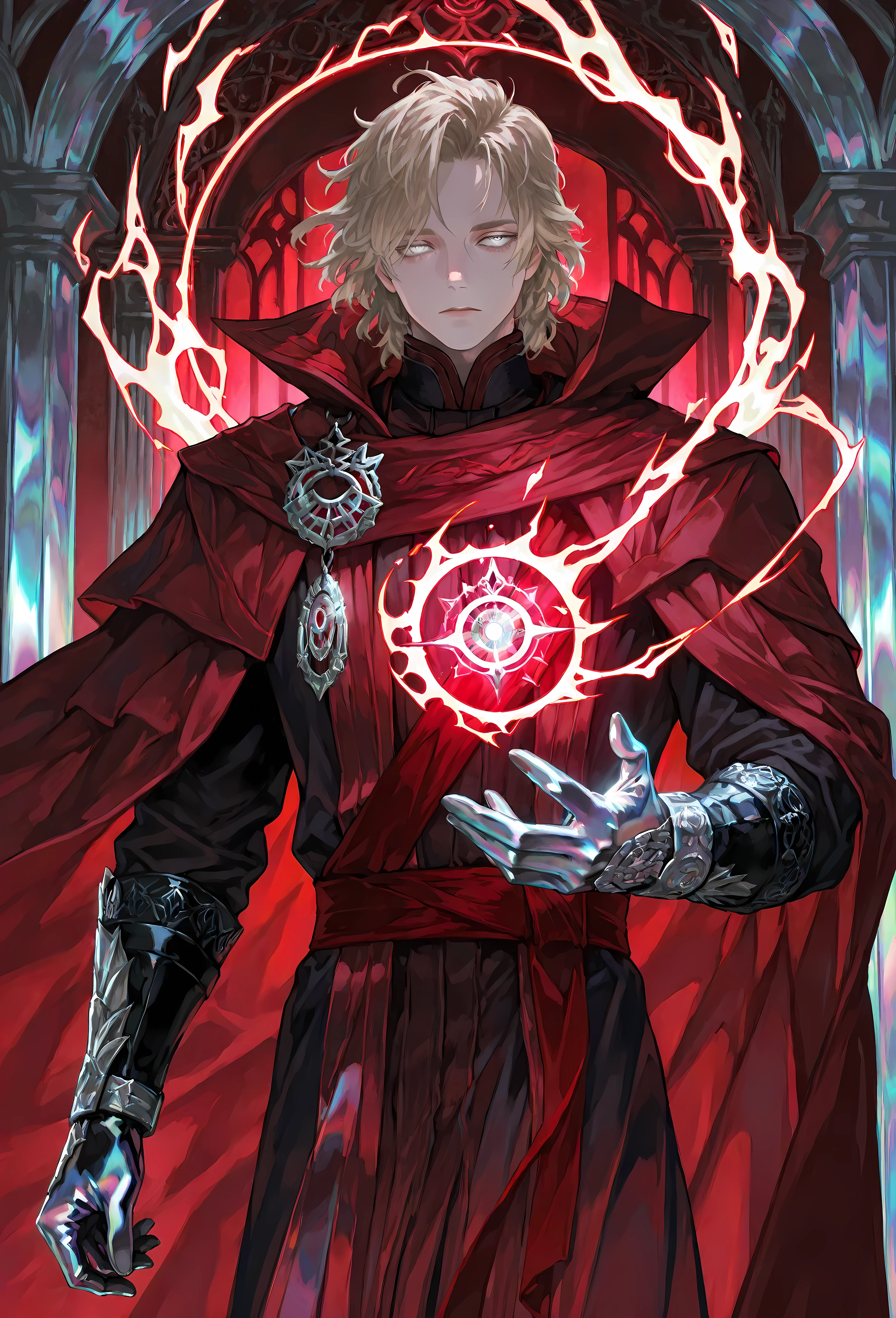 8k, beautiful masterpiece, looking out at the front, alone, pale skin, Perfect Eyes shape, Athletic Build, ((He wears: Black Doctor Strange Robes, Eye of Agamotto Amulet, Dark Red Cape with Cowl, Mystic Gloves, Dark Red Sash)), (((background is vast magic library, looks emotionless and somber while casting a spell))), 23 years old male, 1 man, male-centered, handsome man, handsome, short messy hair, blonde hair, Thick painted, (((iridescent silver eyes))), Perfect Eyes, masterpiece, top quality, amazing quality, exquisite details, very detailed, semi-realism art , semi-realism art style