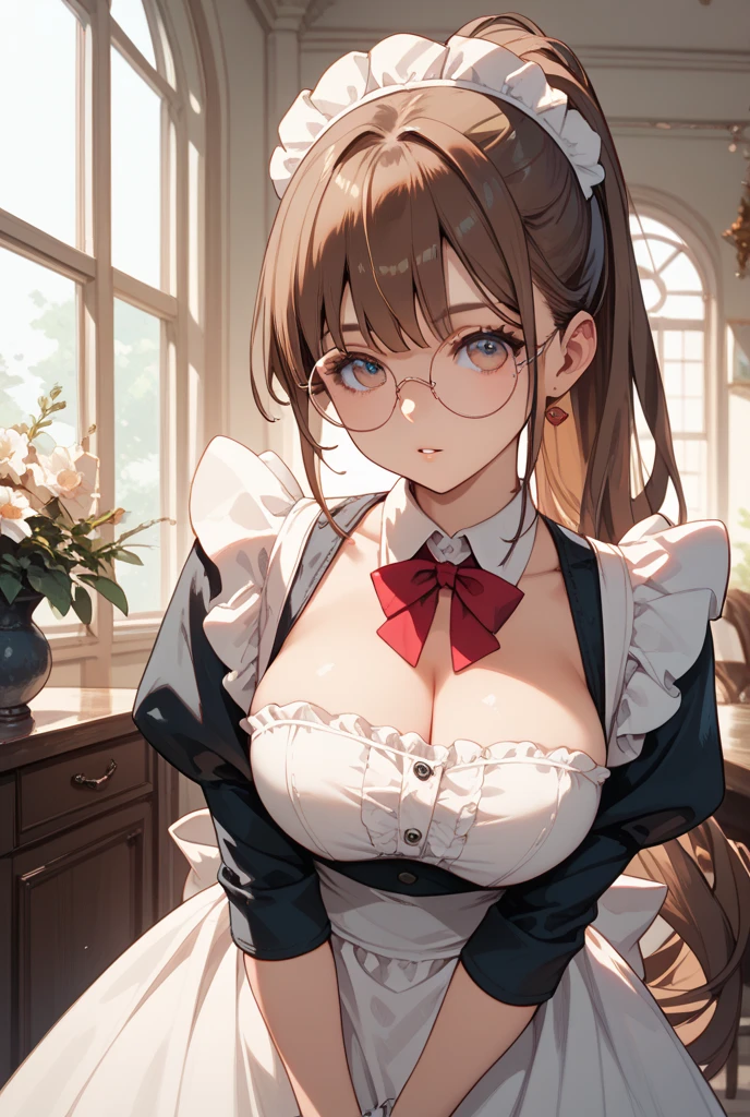 ulzzang-6500-v1.1,(raw photo:1.2), (photorealistic:1.4), Beautiful Meticulous Girl, very detailed eyes and faces, Beautiful detailed eyes, absurderes, unbelievable Ridiculous, hugefilesize, ultra - detailed, A high resolution, The is very detailed,best qualtiy,tmasterpiece,((Stylish clothing in a variety of colors)),illustratio,The is very detailed,CG,unified,8k 壁纸,Amazing Cleavage,finely detailled,tmasterpiece,best qualtiy,The is very detailed的 CG unified 8k 壁纸,light in face,cinmatic lighting, 1girl, 16 years old,Long purple-red hair,lateral division,(huge tit),((pantyless)),(wears glasses),(((dynamicposes))),(((sexyposture))),(Camel toes),(A half body),((stocklings)),((the maid outfit))