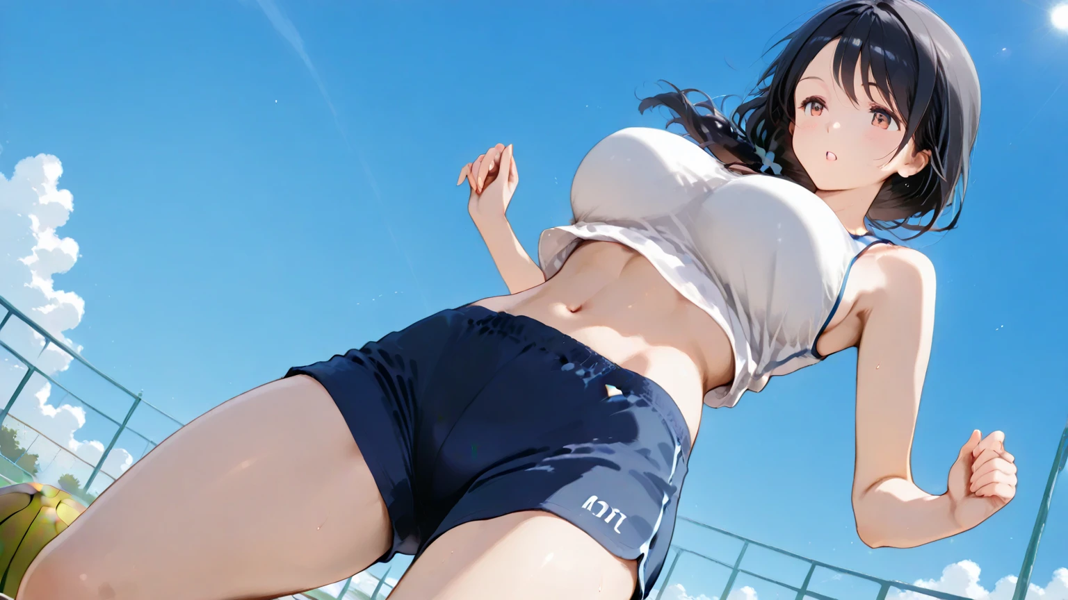 Getting wet in a swimsuit at the school pool、1 Girl, Super huge , alone, , high school girl、 Rear View, , Cleavage, Big Breasts, Brown Hair, blue eyes, Looking at the audience, Thigh bangs, smile