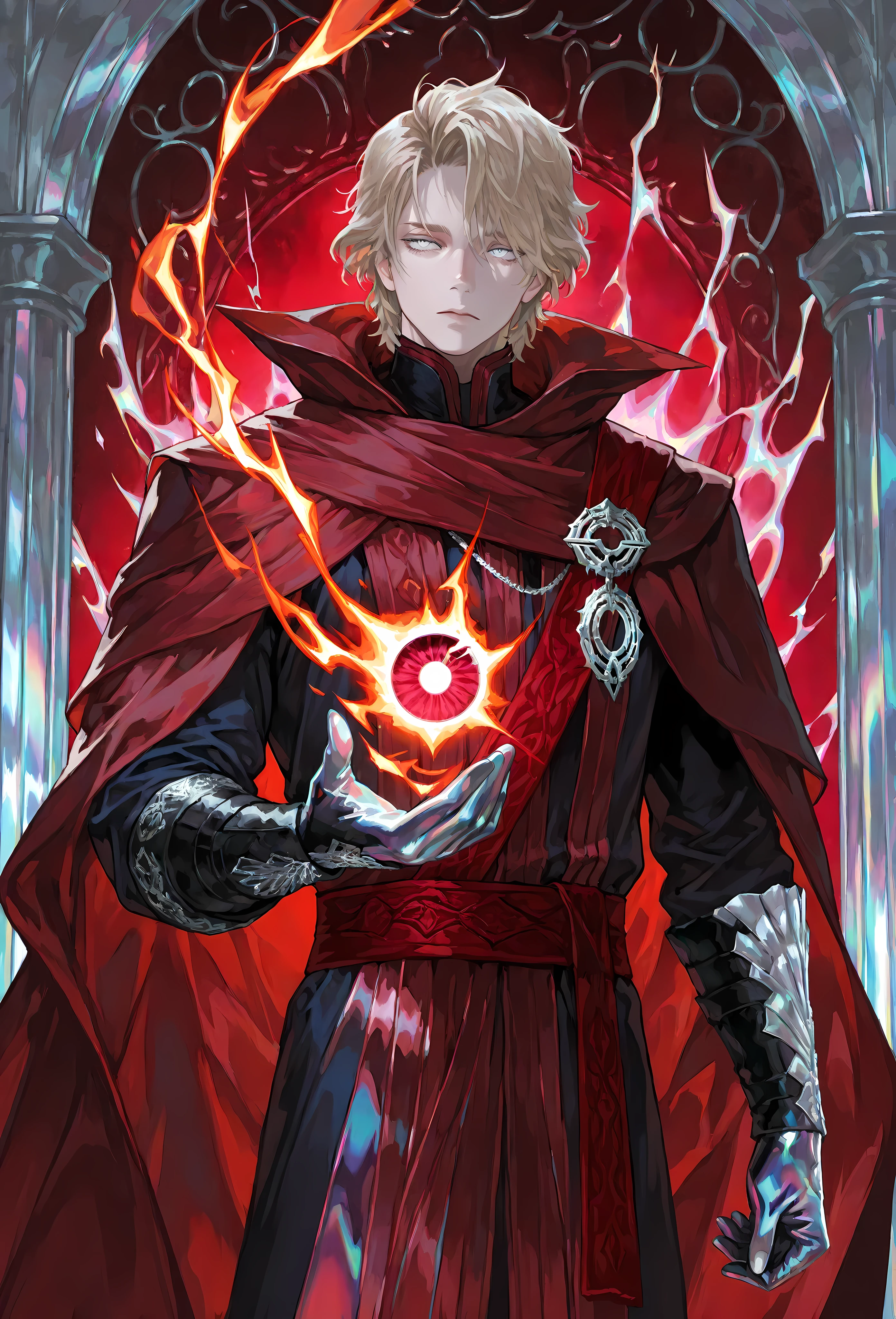 8k, beautiful masterpiece, looking out at the front, alone, pale skin, Perfect Eyes shape, Athletic Build, ((He wears: Black Doctor Strange Robes, Eye of Agamotto Amulet, Dark Red Cape with Cowl, Mystic Gloves, Dark Red Sash)), (((background is vast magic library, looks emotionless and somber while casting a spell))), 23 years old male, 1 man, male-centered, handsome man, handsome, short messy hair, blonde hair, Thick painted, (((iridescent silver eyes))), Perfect Eyes, masterpiece, top quality, amazing quality, exquisite details, very detailed, semi-realism art , semi-realism art style