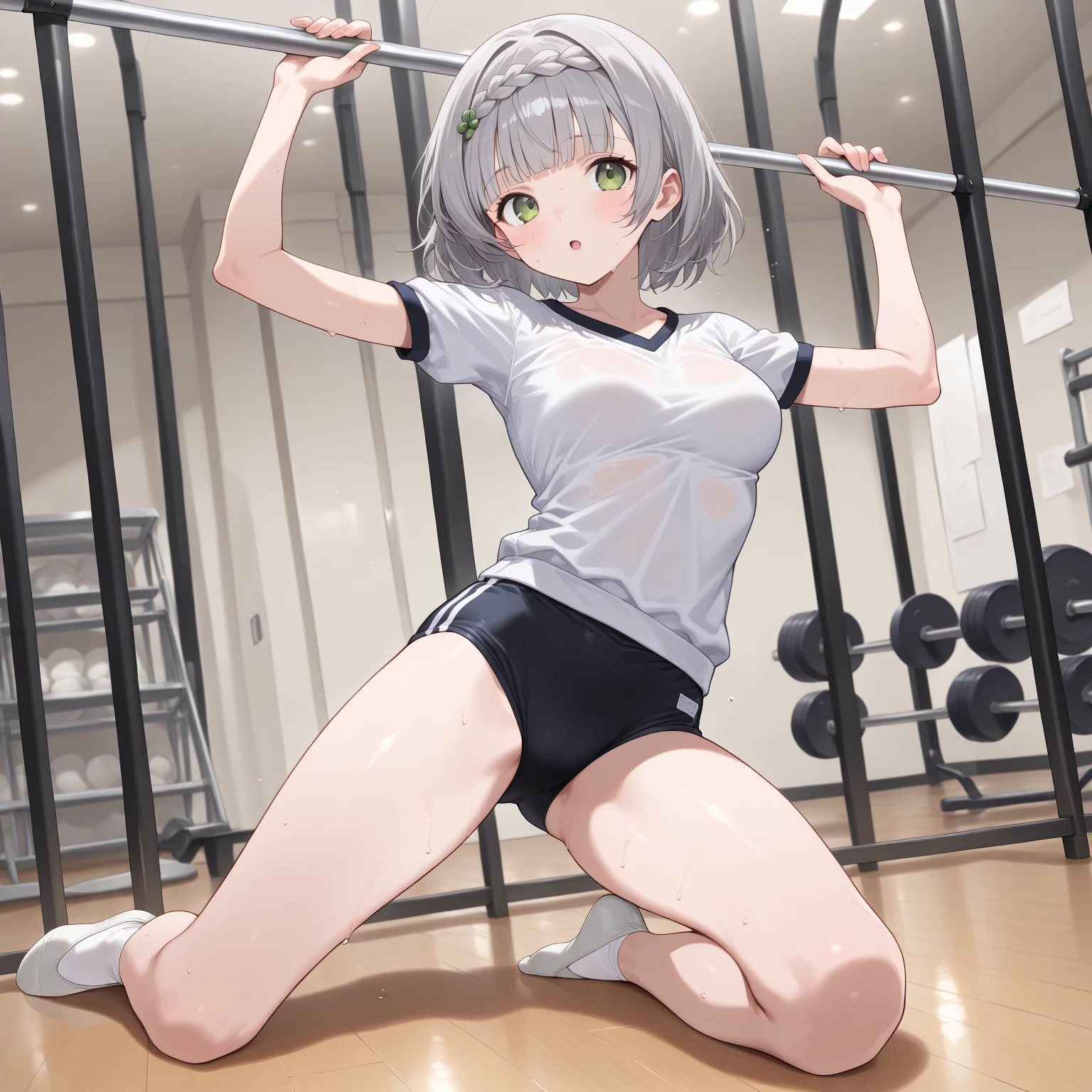 ((masterpiece), highest quality, girl, (Gym suit), , Silver Short Hair, blue eyes, , (Black shorts), (small), Perfect Anatomy、Strong winds、(Huge )、、Sweat、、((Underwear gets wet))、((I can see her pussy muscles))、Nipples become erect