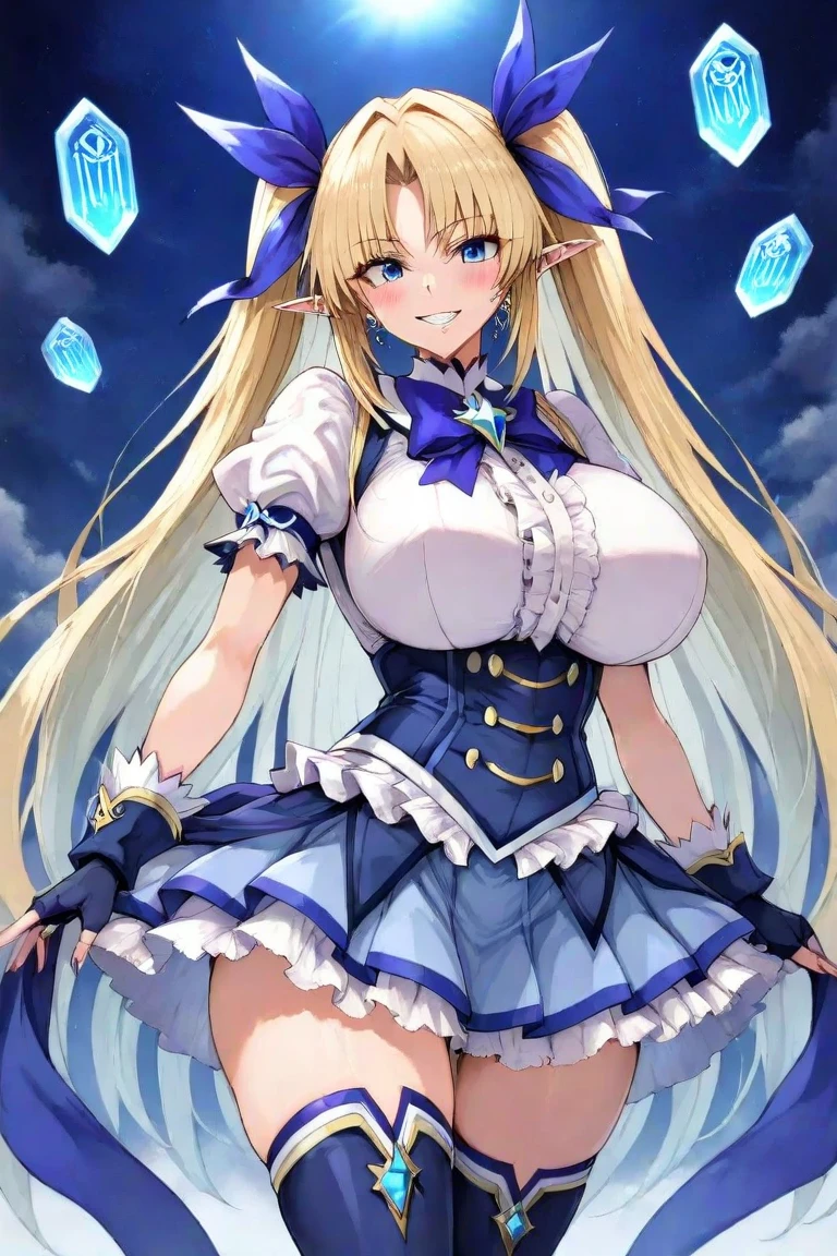 (masterpiece, best quality:1.2), 1girl, solo, blond hair, blue hairband, blue hair ribbon on the left, white-blue ??????, black gloves, knight skirt, Solid color background