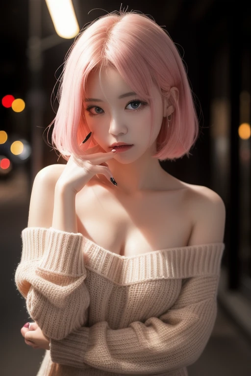 masterpiece, top-quality, ((1womanl)), Adults, different color, finely eye and detailed face, intricate detailes, Casual clothing, window, A smile, Happiness, tenderness, high-level image quality、 selfee, Beautuful Women、tall、The upper part of the body、nightfall, nighttime scene、𝓡𝓸𝓶𝓪𝓷𝓽𝓲𝓬、Korea person, Idol Photos, k pop, Professional Photos, Vampires, Korean fashion in black and white, Fedoman with necklace, inspired by Sim Sa-jeong, androgynous vampire, :9 detailed face: 8, extra detailed face, detailed punk hair, ((eyes are brown)) baggy eyes, Seductive. Highly detailed, semi realistic anime, Vampires, hyperrealistic teen, Delicate androgynous princess, imvu, ((short hair woman)), Pink hair woman with wild look, ((Woman with long pink hair)), ((1 person))