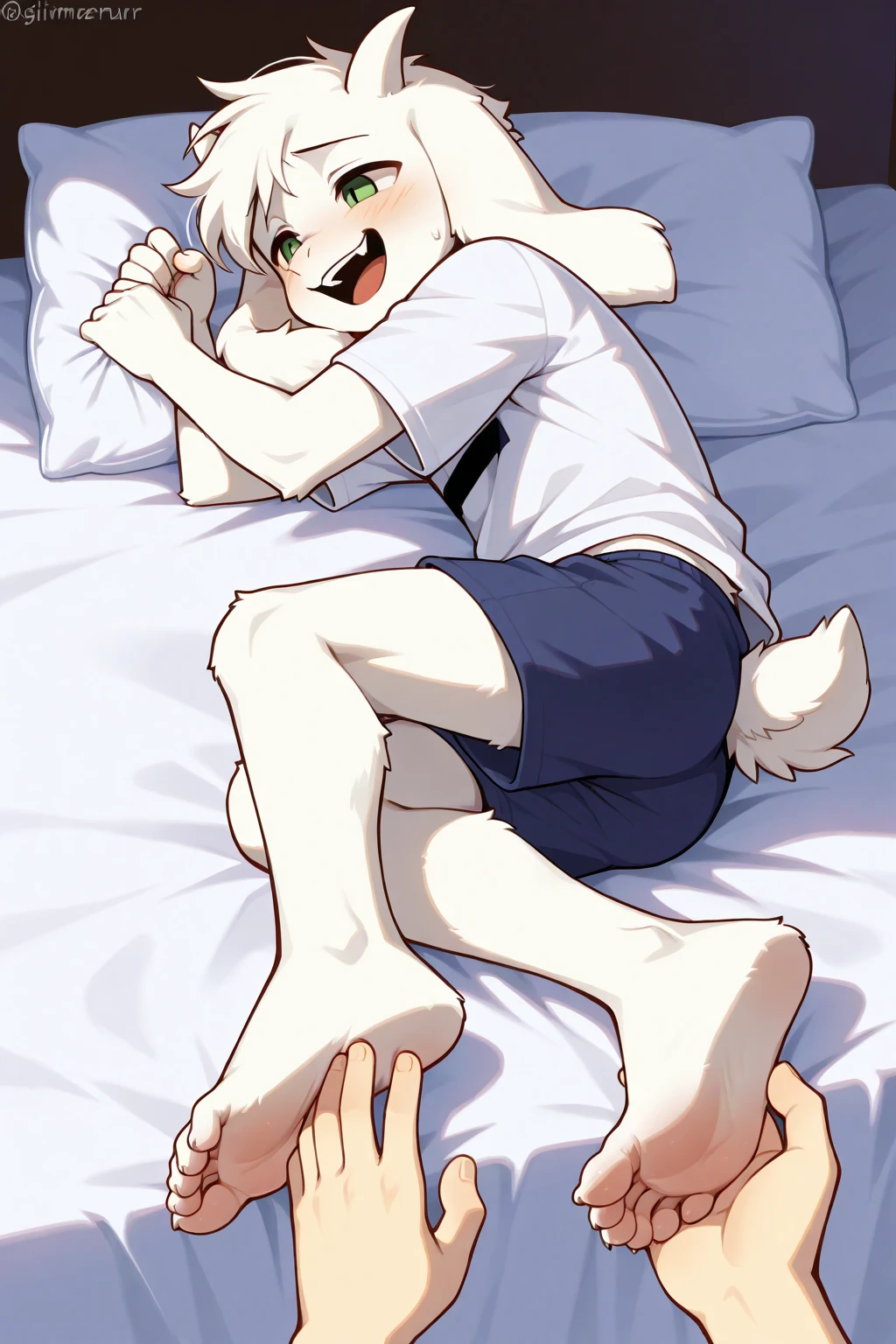 Shirtless boy with white hair and brown eyes who is wearing very short green pants and is lying on his bed blushing showing his feet, He is upside down and very sexy