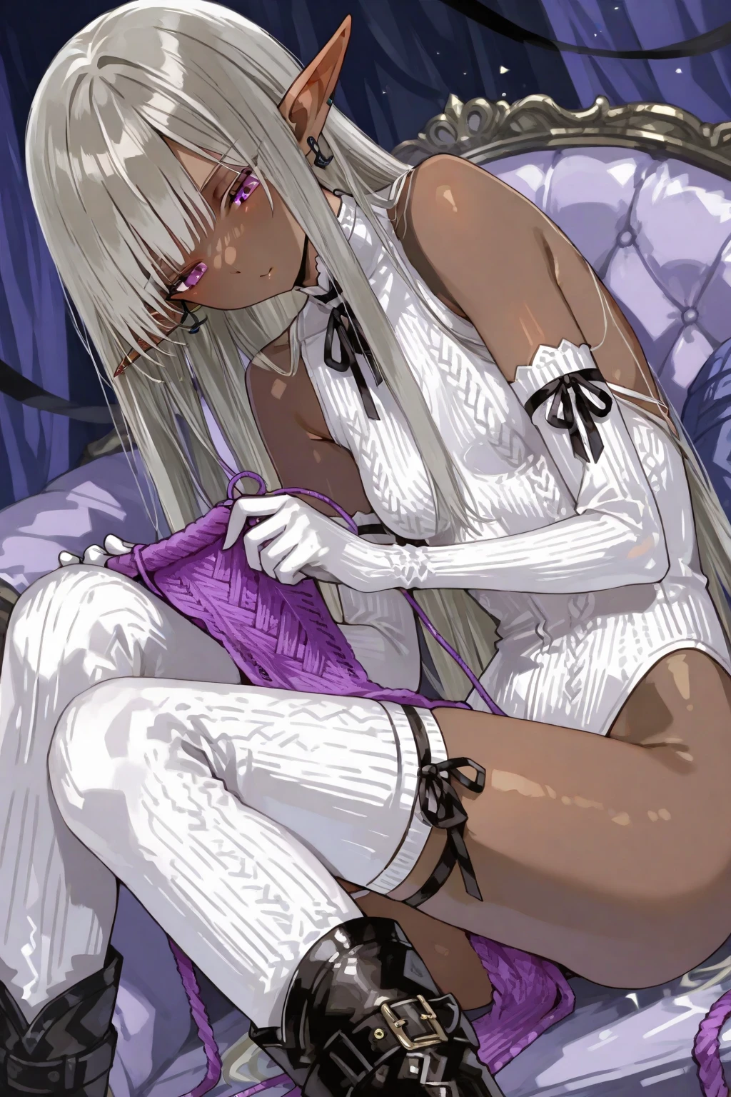 1girl, solo,((extra long hair)), breasts, ((dark skin)), (blush:1.2), ((ultra big eyes)), hair ornament, (black thighhighs), navel, ((((ultra super extra small breasts)))), (lying), hairclip, indoors, on back, black footwear, high heels, pillow, window, bed, night, on bed, ((garter belt)), lamp, ((((naked)))), ((nude)), open breasts, ((((sweat)))), ((one's hand plucked own nipple and fingeringpussy by myself)), ((fingering pussy)), (((some perfect pussy))), (pussy), half-closed eyes, ((pussy juice)),