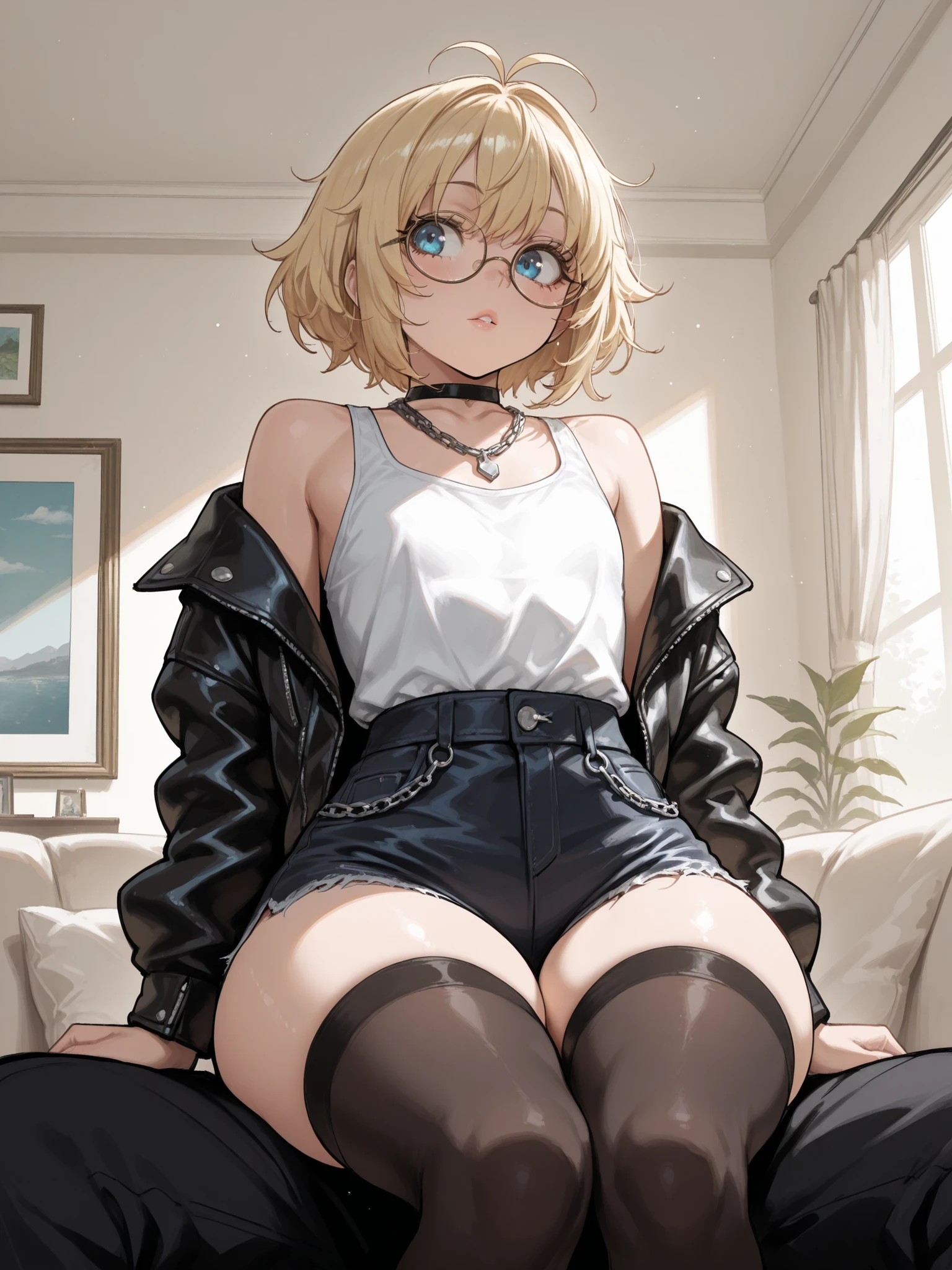 best quality, amazing quality, very aesthetic,anime Style, (masterpiece),, solo:2.0, (femboy):2.0, ((black leather jacket, white tight tank top, Black denim shorts:1.3, black stockings with white stripes (3 stripes on the thigh) up to the thighs,silver chain necklace, round glasses), (beautiful skin, long eyelashes, round eyes, blue eyes:1.2, beautiful high detailed eyes), (detailed and beautiful hair, short messy voluminous hair , blonde hair, short hair), (plump lips, femboy face:1.4, adult face:1.5),(flat chest, bubble butt, thick hips, small waist, chubby thighs):1.3, captivating thighs, skin with attention to detail, (house, living room), (shiny skin:1.3), (intimate pose, close contact, sitting on lap:1.3),