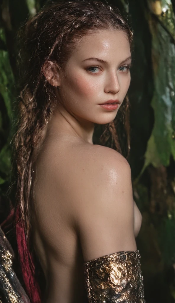 ((best quality)), ((masterpiece)), (detailed), chinese, off-shoulder scales breast make up mermaid, astrid berges frisbey, mermaid hurt, lie down sadness, scales body, in jungle, (((sorrow rope, sadnes))) ((her face was pale and like a sick person))