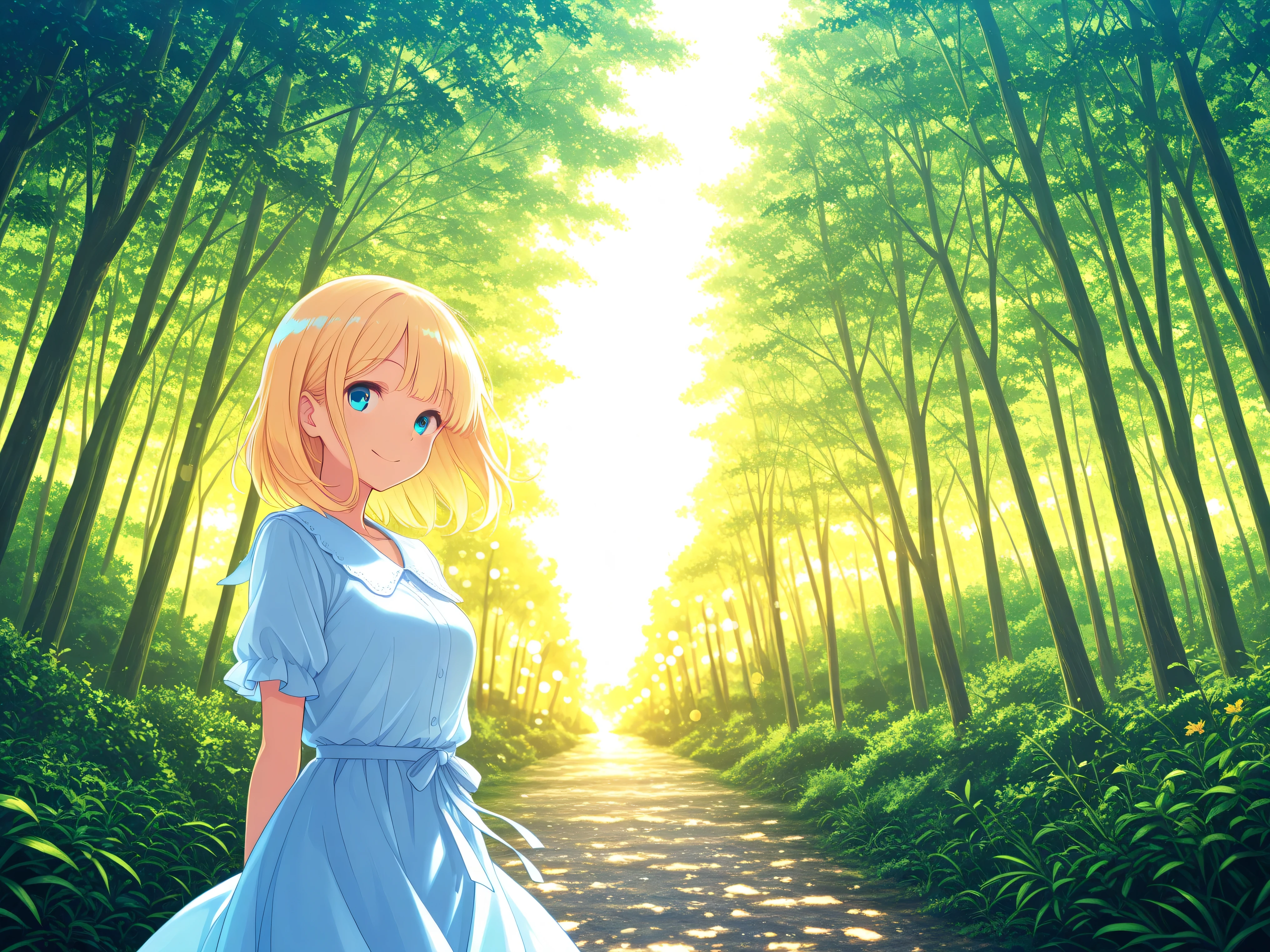 Multiple blonde women, Smile Yan, Kawahara, Early summer sunshine , Outdoors, High Quality, Masterpiece, 8K, Super Detailed, Professional, vivid colors, Bokeh, Scenery, nature, Bright, Vivid