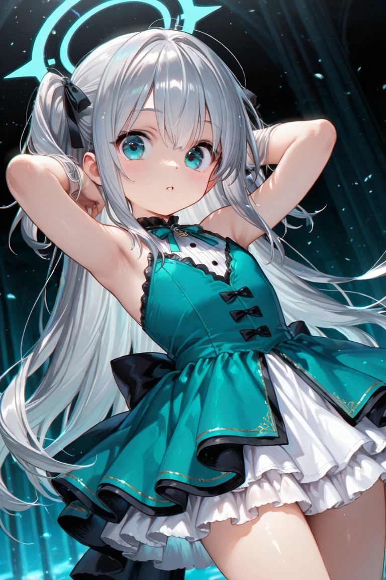 1girl, long hair, multicolored hair, official alternate hair length, grey hair, colored inner hair, blue hair, purple eyes, halo, star halo, hair ornament, looking at viewer, bangs, open mouth, two side up, frills, hairclip, cowboy shot, sea, smile, swimsuit