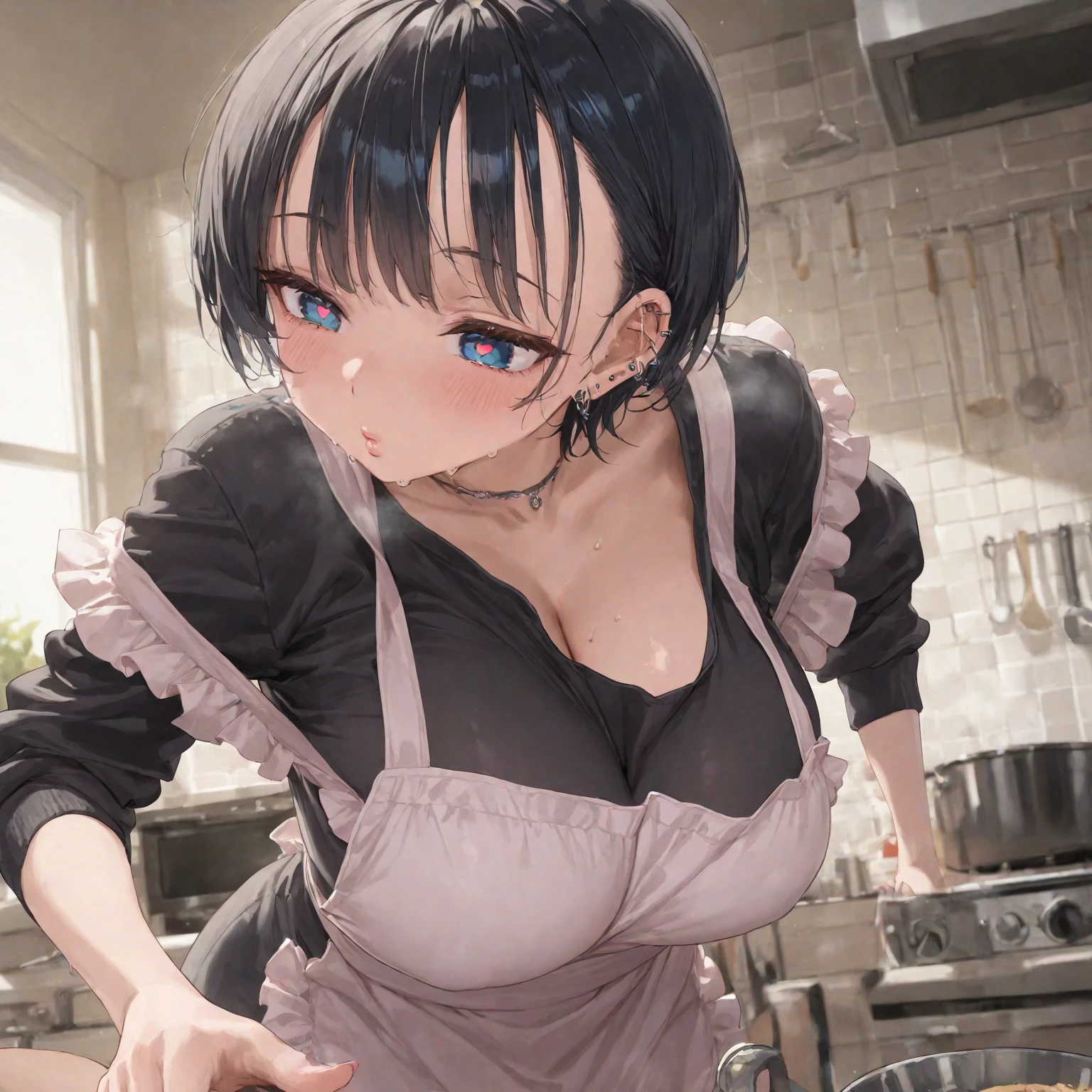 (highest quality), Super detailed), (Ultra High Resolution 8K), High-definition facial beauty, ((Apron Lift)), Cute smiling girl, (Big Breasts), Detailed nude apron showing red see-through panties , (Blushing, Embarrassing), Very hot day, Shade, Seduce