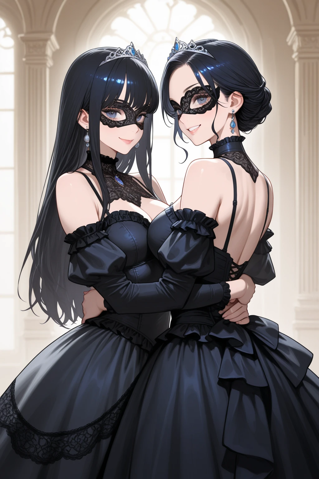 25 year old couple，Royal sister，black color hair，Thin iron chains are wound，transparent white shirt，blacksilk，Erotic lingerie，Be red in the face，Pink lips，The background is minimalist，8K masterpiece