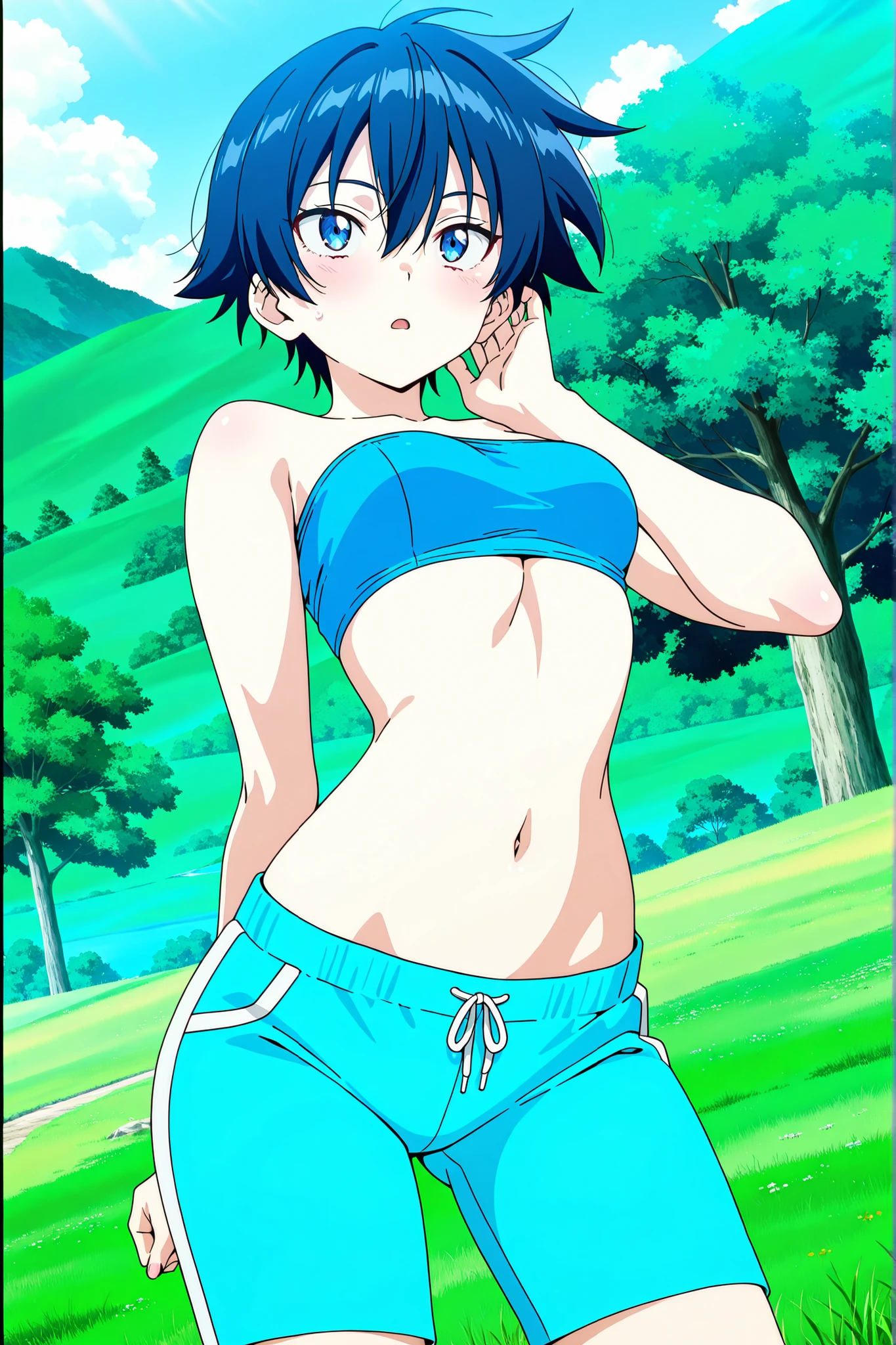 score_9, score_8_up, score_7_up, score_6_up, score_5_up, score_4_up, BREAK, source_anime, anime screencap, anime coloring, 1girl, solo, perfect anatomy, (Fuwa Kokone), blue hair, medium hair, green eyes, lite smile, looking at viewer, navel, (skintight, very tight gym uniform, sleeveless, white_shirt, crop-top, under sized micro blue buruma, zettai ryouiki white thighhighs), erect nipples, thigh gap, indoor, hand on hip, standing, (unshaven hairy natural public hair:1.2), unshaven hairy natural armpit hair