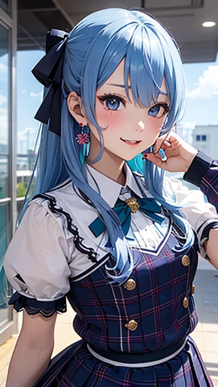 1 Girl, alone, pretty girl, Highest quality, Super detailed, 8K, High resolution, Detailed face, (Movie angle),  smile, enjoy, ;D, ((Blue sweater, argyle sweater, Short sleeve))), Grey Skirt, Pleated skirt, Black socks, Brown footwear, (((Inside the amusement park, Ferris wheel, roller coaster))),