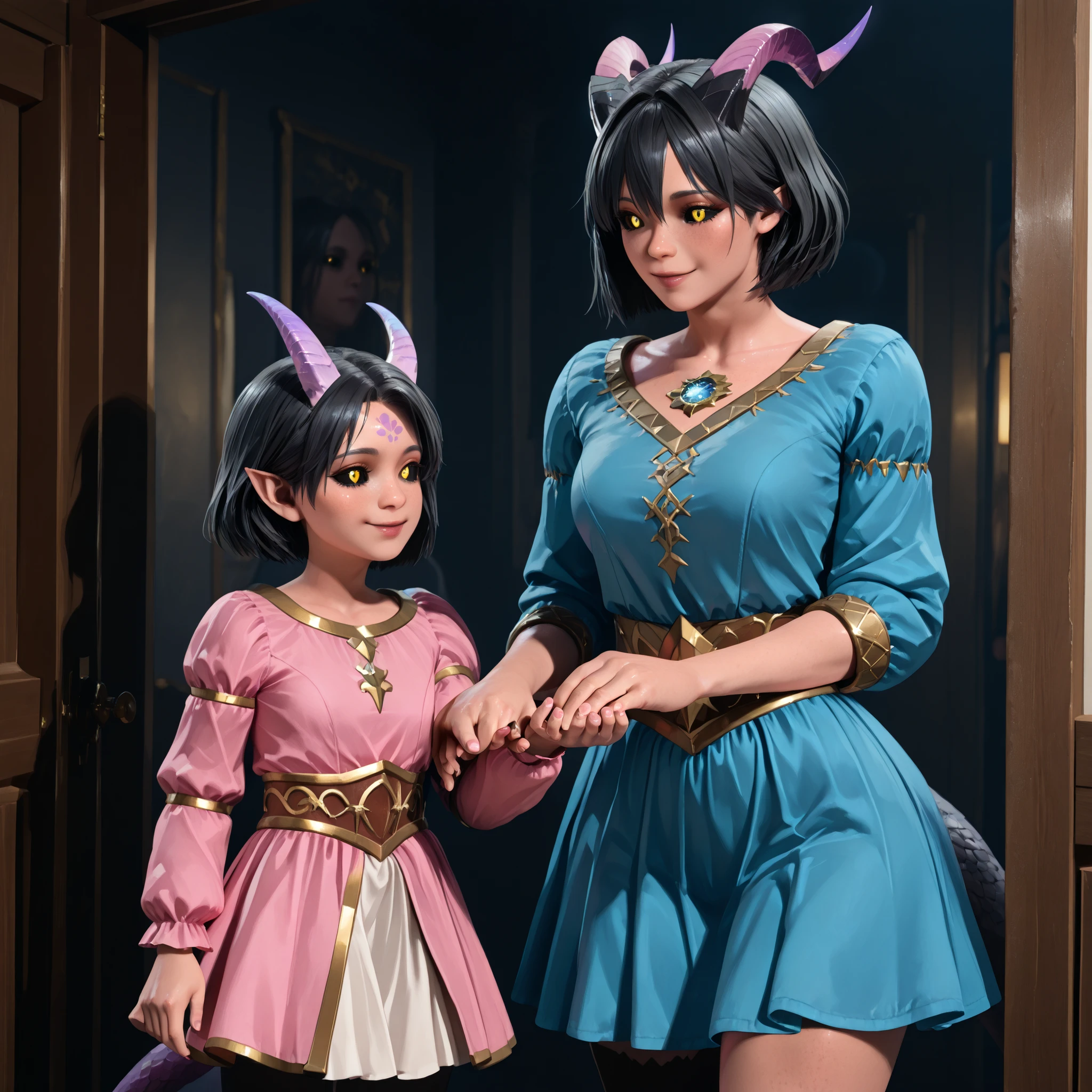 Mother and daughter, girl and child , Tifling girl, girl with four arms , she has straight long black hair, black hair, two small smooth purple horns grow on her forehead, she has big beautiful eyes, Black Sclera, her eyes are black, yellow iris, smiles, She has a slim body , she has 4 arms, she has 2 pairs of hands, she has a thin long tail, space bar she is wearing white football, top and mini skirt, standing and pulling the child's hand.
Tifling girl child, she has 4 arms, she has white short hair, у нее Black Sclera и yellow iris глаз, she is wearing a blue dress, she holds her mom's hand. They stand at the entrance to the 4k, 3D rendering , realism, skinny style