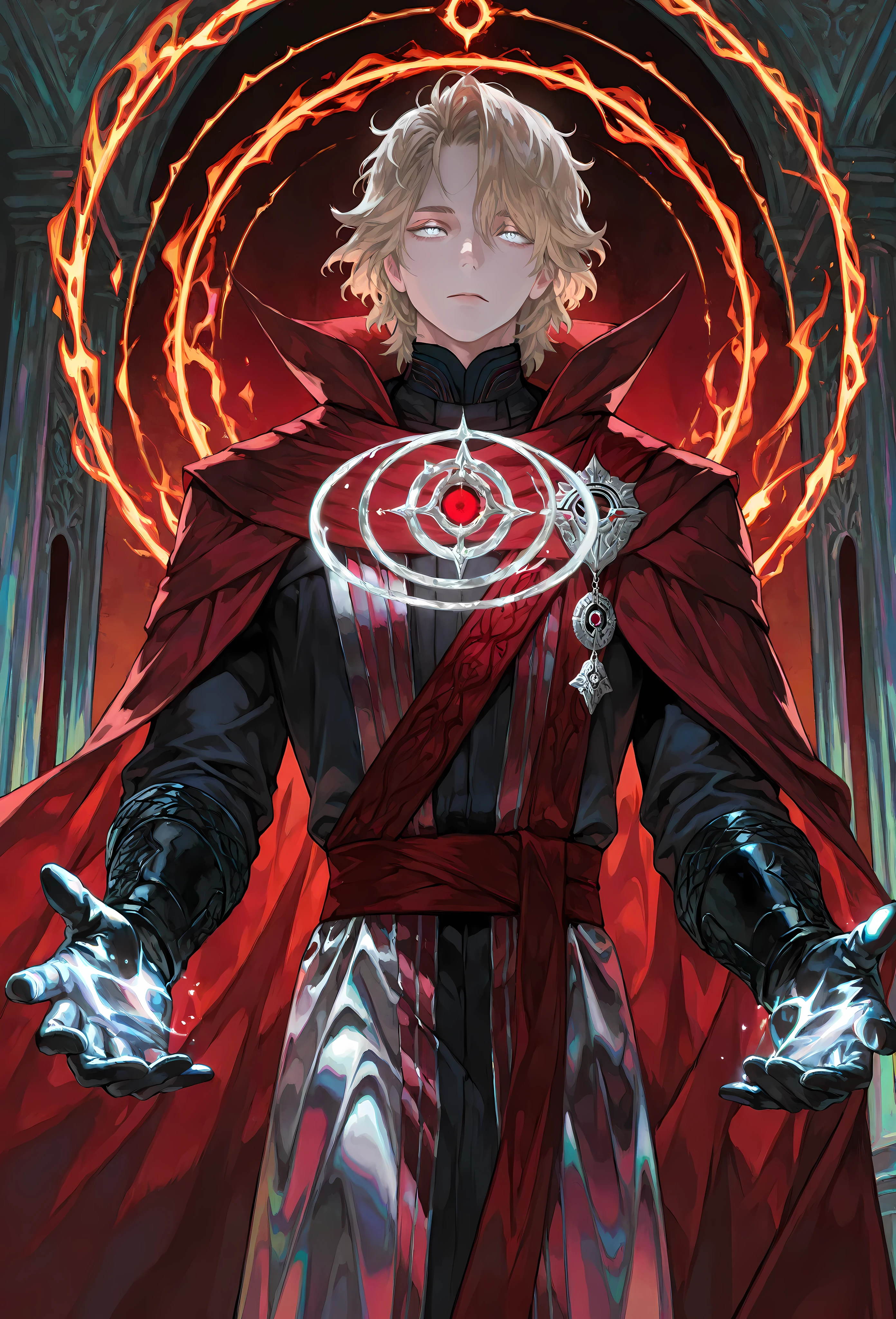 8k, beautiful masterpiece, looking out at the front, alone, pale skin, Perfect Eyes shape, Athletic Build, ((He wears: Black Doctor Strange Robes, Eye of Agamotto Amulet, Dark Red Cape with Cowl, Mystic Gloves, Dark Red Sash)), (((background is vast magic library, looks emotionless and somber while casting a spell via magic circles))), 23 years old male, 1 man, male-centered, handsome man, handsome, short messy hair, blonde hair, Thick painted, (((iridescent silver eyes))), Perfect Eyes, masterpiece, top quality, amazing quality, exquisite details, very detailed, semi-realism art , semi-realism art style