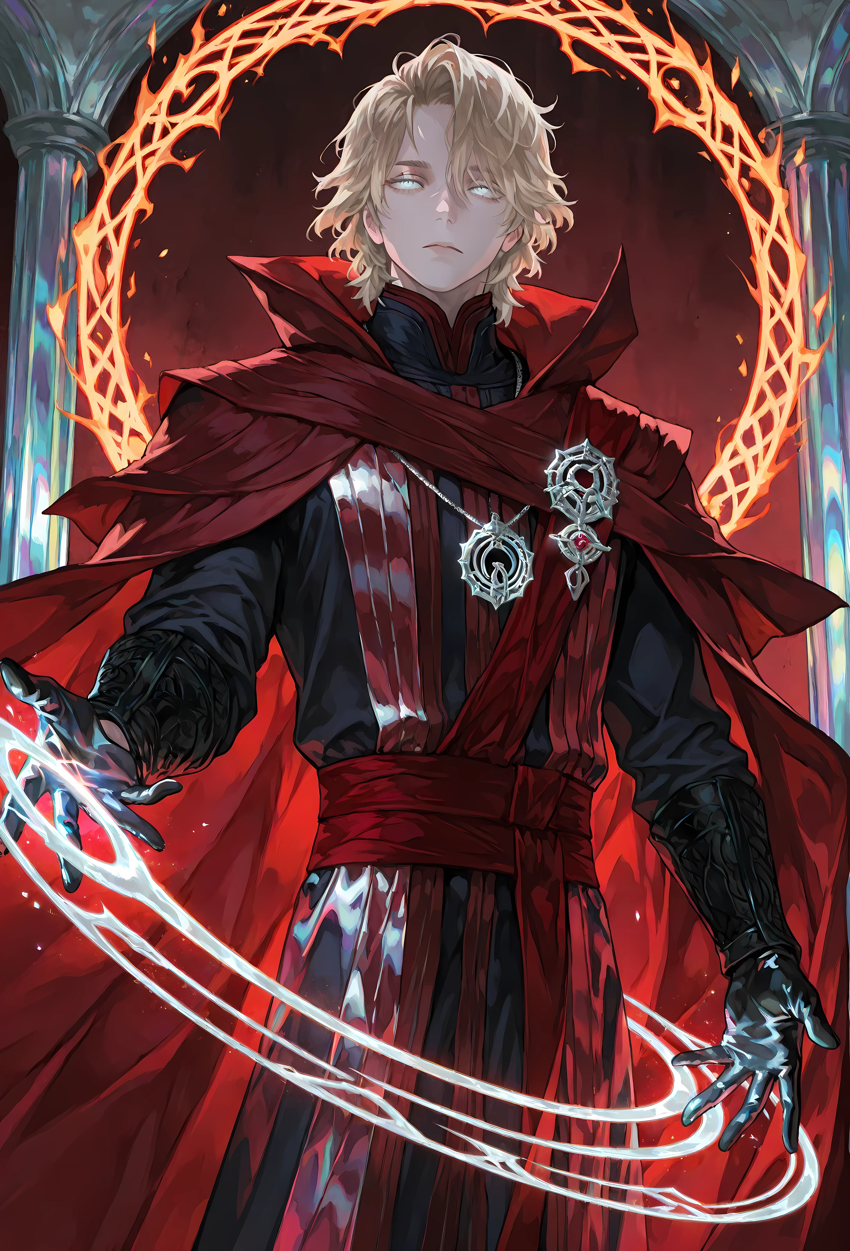 8k, beautiful masterpiece, looking out at the front, alone, pale skin, Perfect Eyes shape, Athletic Build, ((He wears: Black Doctor Strange Robes, Eye of Agamotto Amulet, Dark Red Cape with Cowl, Mystic Gloves, Dark Red Sash)), (((background is vast magic library, looks emotionless and somber while casting a spell via magic circles))), 23 years old male, 1 man, male-centered, handsome man, handsome, short messy hair, blonde hair, Thick painted, (((iridescent silver eyes))), Perfect Eyes, masterpiece, top quality, amazing quality, exquisite details, very detailed, semi-realism art , semi-realism art style