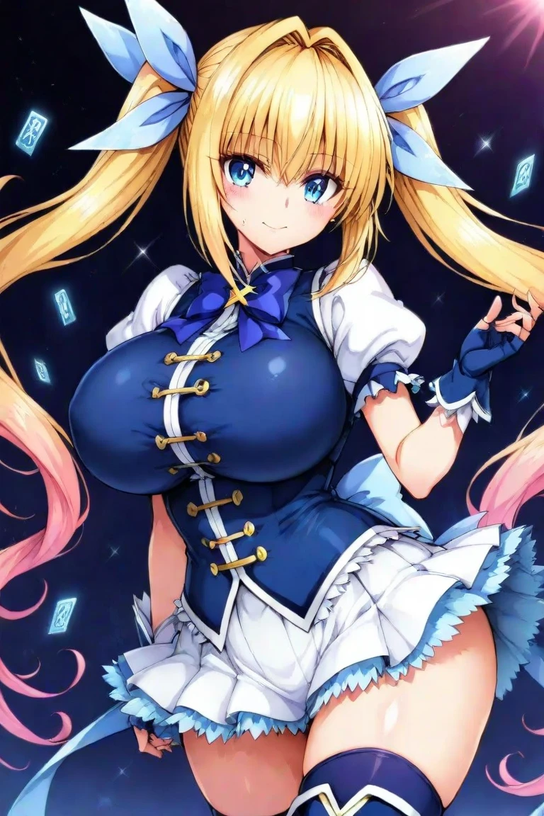 aki rosenthal, detached hair, long hair, low twintails, headgear, collared dress, short dress, blue jacket, short sleeves, white gloves, elbow gloves, leaning forward, japanese street, night, colored lights, kinky expression on face, showing cleavage