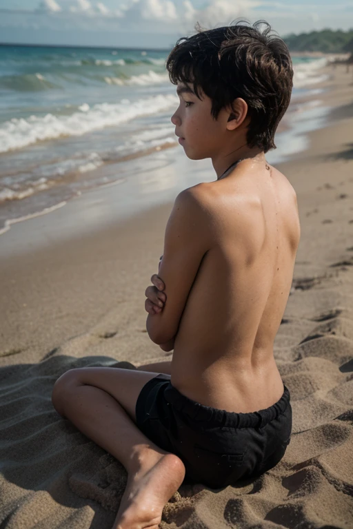 Hot sweaty white clean shaven tan shirtless with very skinny thighs hairy thin young teen boy standing in frfront of another bot on beach. He has sweaty reflective skin and curly short fringed fluffy hair. He shows lots of armpit hair and flexing his sweaty reflective big large huge protruding pointy bulging bulge in his ???? and balls. His plain white reflective leathery medium-short length running shorts are very tight and small exposing his very skinny hairy mid thighs. His big bulge drags his pristine plain white running shorts down exposing sweaty pubic hair and skinny thigh leg belly hair. The camera is focused on his big bulge and is viewed at an angle.