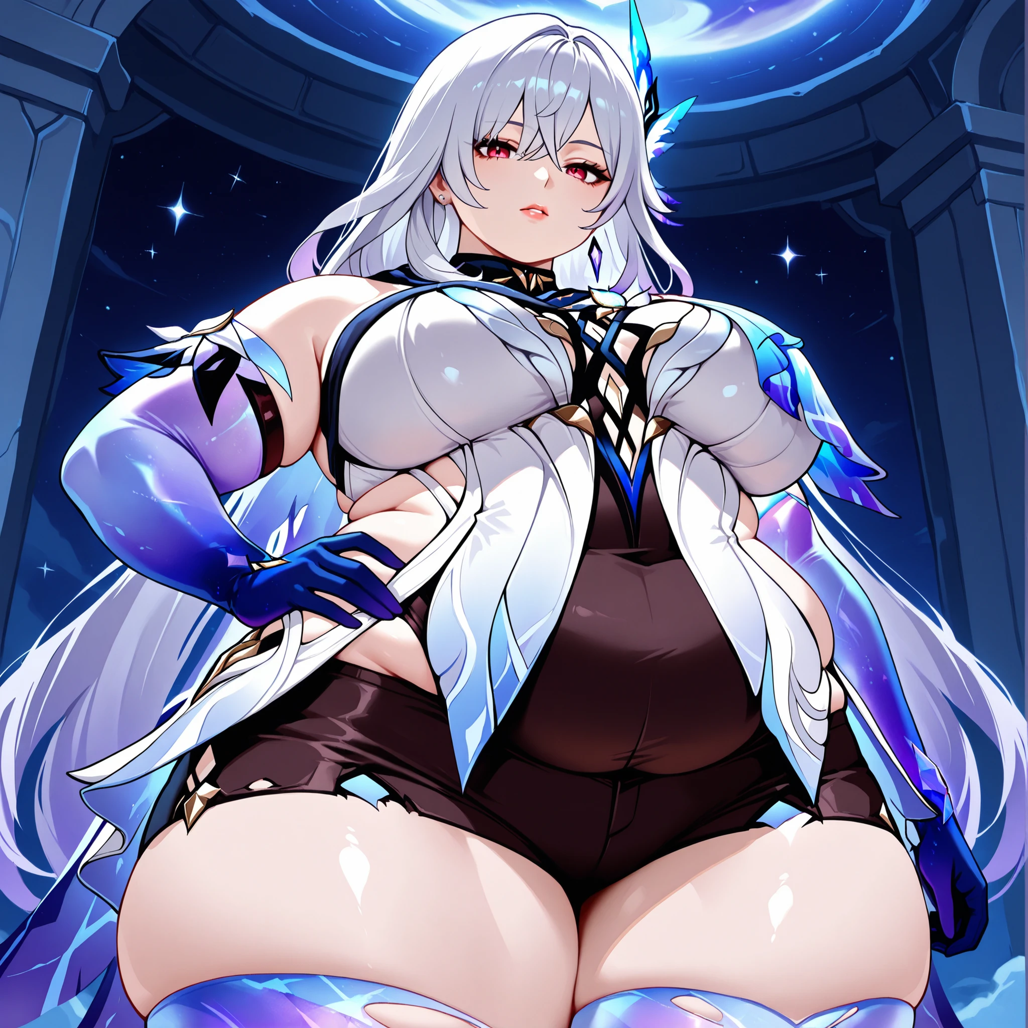 anime screencap, masterpiece, best quality,
1girl, solo, parted lips,
1girl, solo, mature female, skirk \(genshin impact\), genshin impact, 1girl, solo, breasts, long hair, gloves, thighhighs, looking at viewer, elbow gloves, hand on hip, bangs, hair ornament, jewelry, blue gloves, bare shoulders, grey hair, large breasts, earrings, thighs, blue thighhighs, purple eyes, very long hair, hair between eyes, torn clothes, leotard, dress, red eyes, defined legs , standing, closed mouth, black shorts, shorts, universe, event horizon masterpiece, best quality, very aesthetic, absurdres, extended upskirt, upshirt, inside clothes, underwear, aesthetic,
, (negative_v2 Color_Balance_Calibration:0.8), negativeXL_D, aidxlv05_neg, Stable_Yogis_Animetoon_Negatives, chubby, chubby girl, curvy, large breasts, lips, plump, thick thighs, thighs, (((oversized gigantic stomach)), curvy, large breasts, lips, plump, thick thighs, thigh, immobile