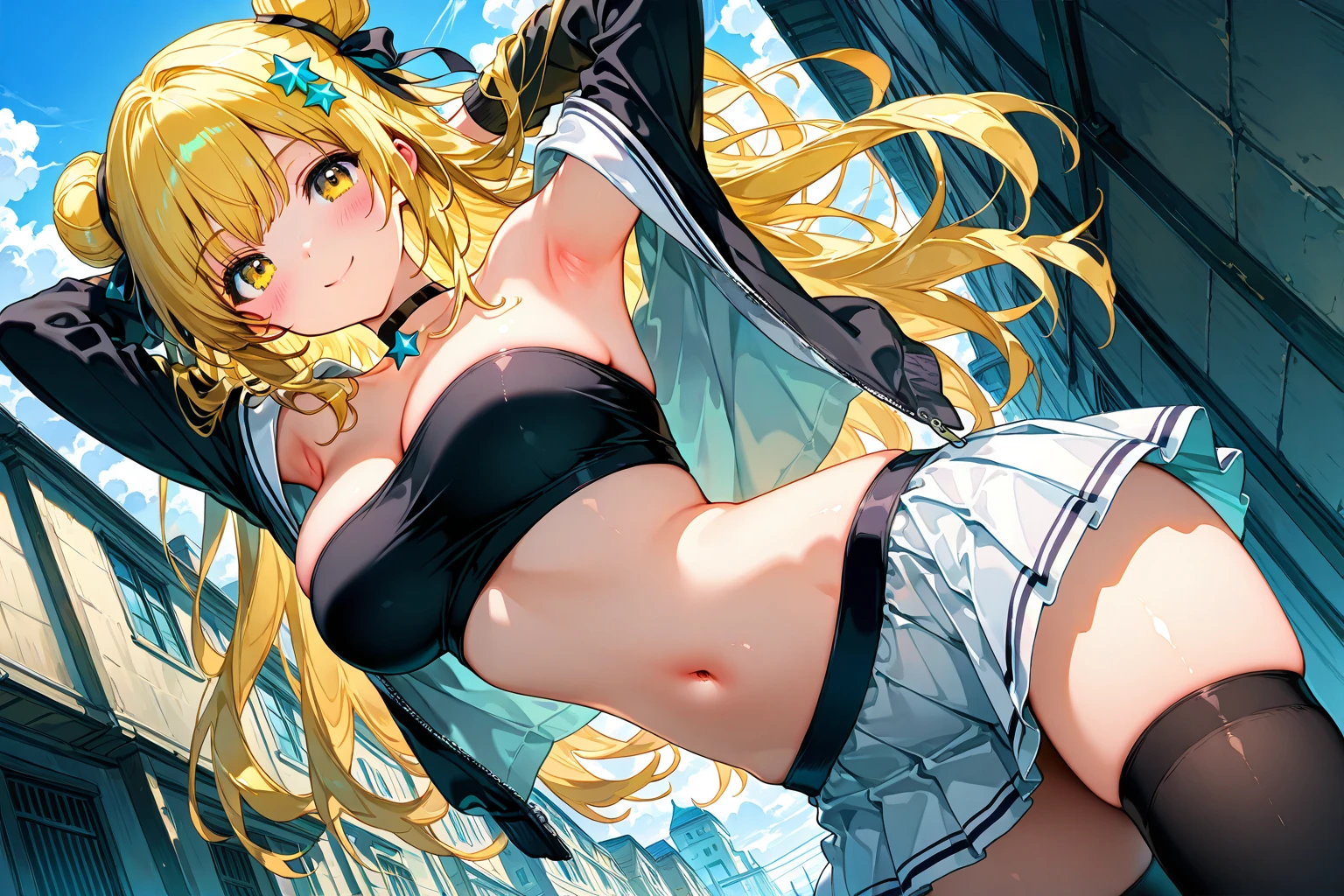 (Masterpiece: 1.6, Best Quality), (Fine Beauty: 1.2), Fiami, Yamish, One Daughter, (Deep Sea: 1.0), Long Hair, Solo, , , Hair Ornament, Two Side Up, Blonde, Red Eye, Bikini, Hair Ornament, ,