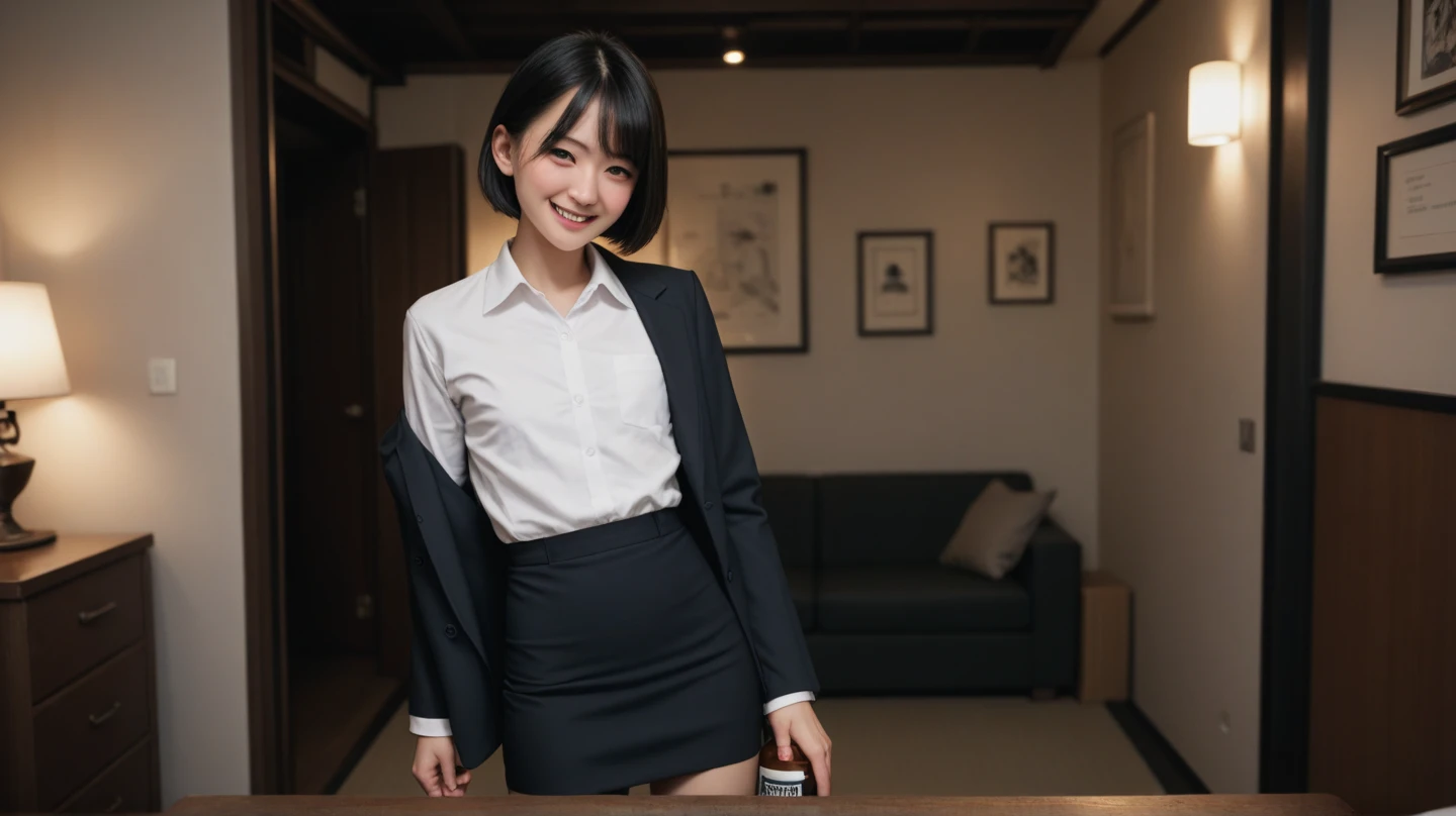 (((leaning forward:1.5,bent over:1))),Inside a suit shop,(The skin is wet from sweat),(Wearing a shirt:1.5),Suits lined up,looking at the camera,Cleavage,A big smile,Skirt Lift、Lift your skirt with your hands,woman, 20-year-old, Short Hair、bangs、(Plain suit skirt),(White lace panties)、Cute earrings,Natural lighting