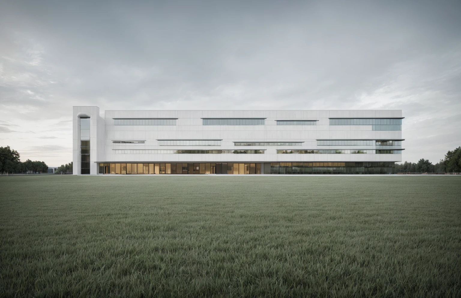 iA modern corporate office building with raw white concrete exterior walls, minimalist and clean architectural style. The structure is multi-story with wide windows, minimal glass facade, sleek design lines, and a contemporary main entrance. Surrounded by green lawn and clear blue sky, with flags fluttering at the front. A company logo is displayed on the facade. Shot in daylight from a cinematic wide-angle perspective. The image should be hyperdetailed and photorealistic, 50mm f/2.8 cinematic depth of field, ominous undertones, dynamic lighting, CGI VFX, 8k ultra-fine detail, unreal engine 5 realism, perfect natural colors, extremely photorealistic