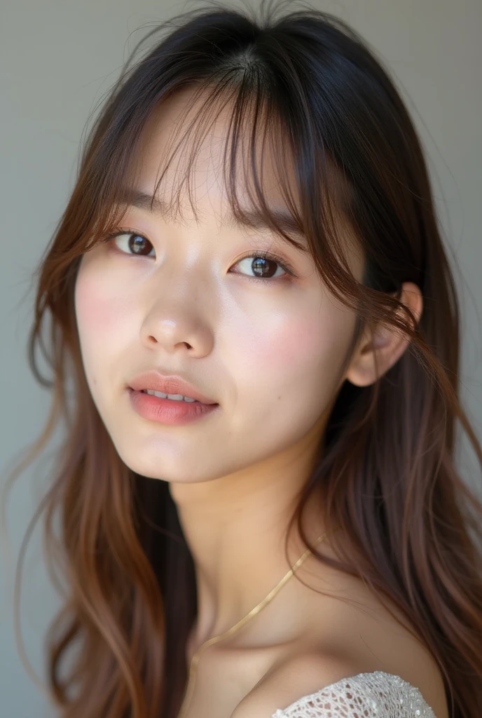 (highest quality、Tabletop、8k、Best image quality、Award-winning works)、One beautiful woman、(Face close-up:1.2)、beautiful woman portrait photo、Glowing Skin、Brown Hair、Standing Elegantly、(The simplest solid brown background:1.1)、Big Breasts、Cleavage、