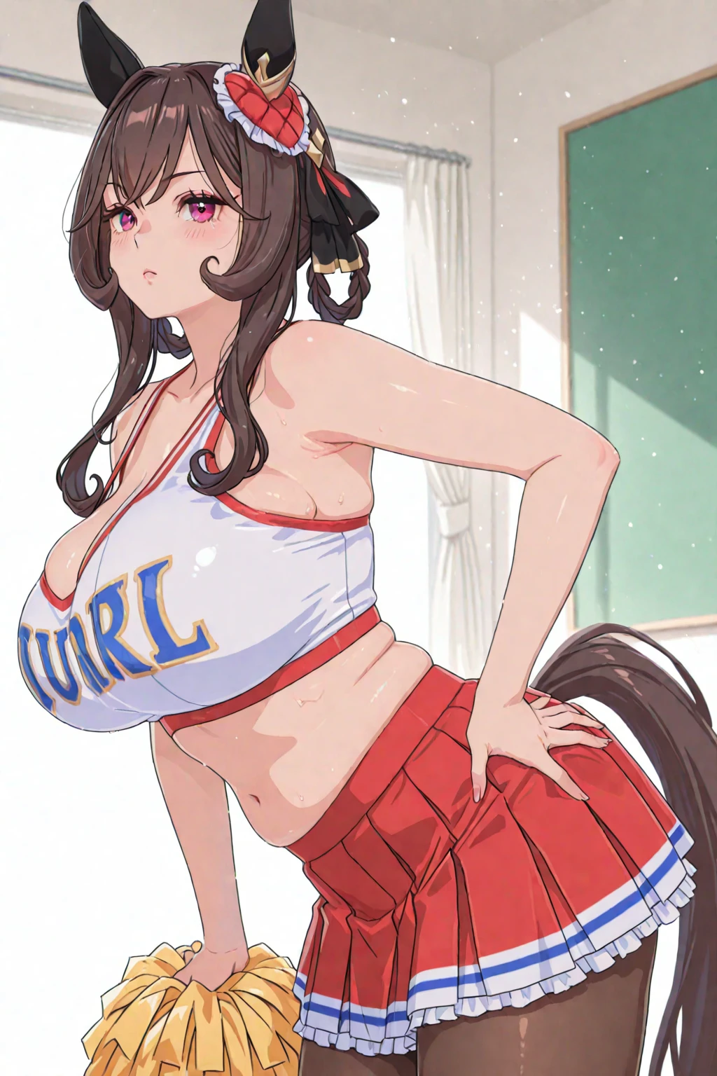 ((Masterpiece)), perfect anatomy, perfect shading, field of depth, (best quality), extremely delicate and beautiful, perfect lighting, detailed face, ultra cute face, cute, (cowboy shot 1.2), full body, (((1girl))), (((solo))), cheerleader
long hair, fluffy hair, brown hair, green eyelush))), embarrassed, (cheerleader uniform), (blue and white tank top 1.2), (short section skirt 1.2), thigh highs, chocker, extremely tight clothes, large breasts, cleavage, perky breasts, (((wide hips))), ((thick thighig butt)), ((plump)), chubby belly, fat rolls, belly hang, she has a jiggly belly,
football field, intricate background, detailed background, sweaty, out of breath