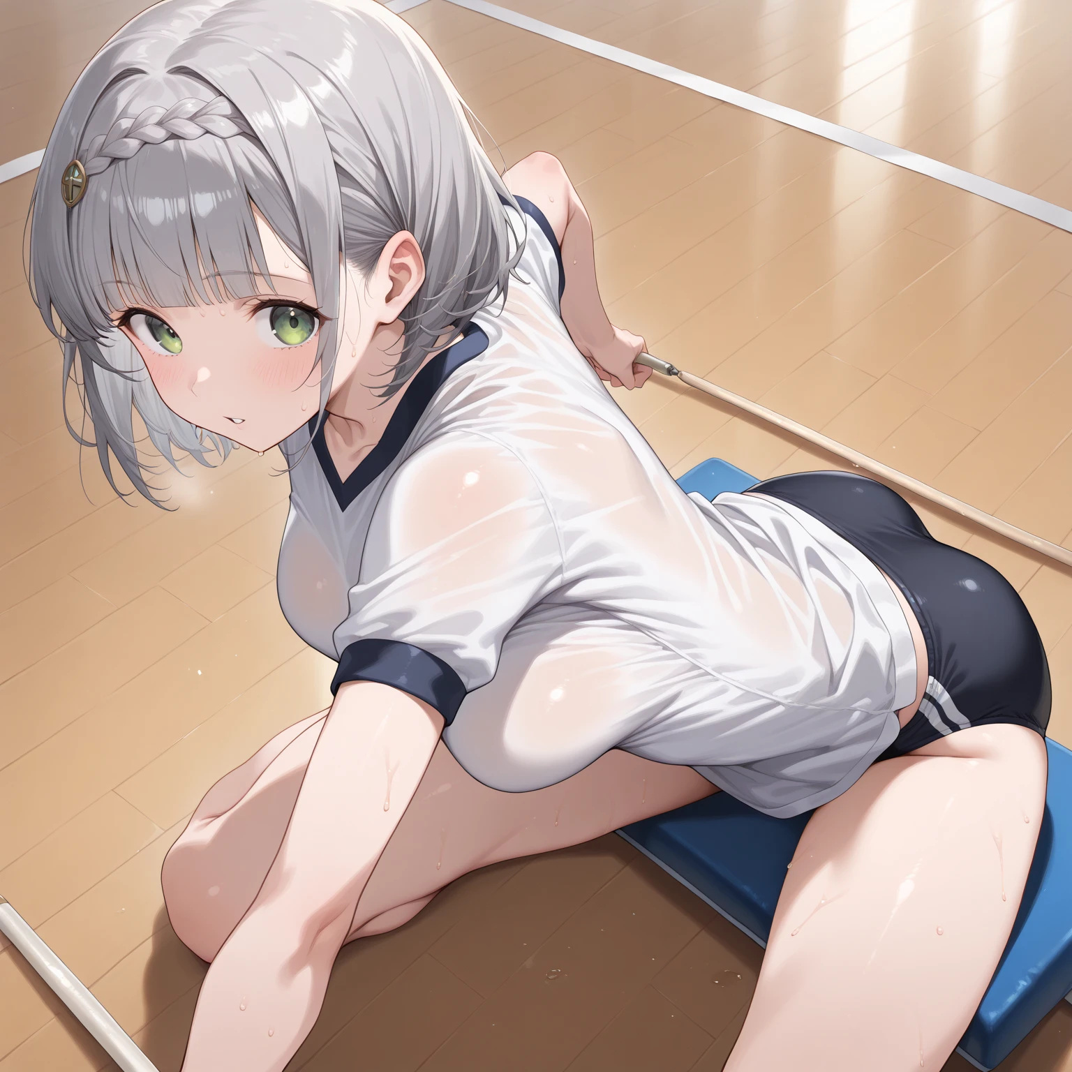 standing split, standing on one leg, leg up, navel, sport bra, thighs, thigh strap, underwear, hairband, sport panties, kneepits, heart pasties, black sport panties, , large breasts, female pubic hair, pasties, looking at viewer, blush, gym locker room, locker room, sweat, covered nipples, white hairband, solo, lingerie, areola slip, solo, sports bra, small breasts, , 1girl,solo,elf,white hair,grey hair,earrings,pointy ears,long hair,ponytail,green eyes,twintails,parted bangs,thick eyebrows, Add scream sounds text to the image, add heart stickers