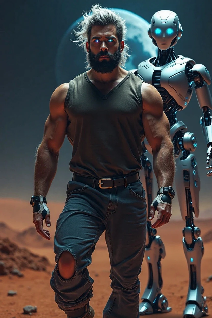 A highly detailed Cyborg, arms crossed in front of a destroyed city, sporting futuristic details on his bionic body.