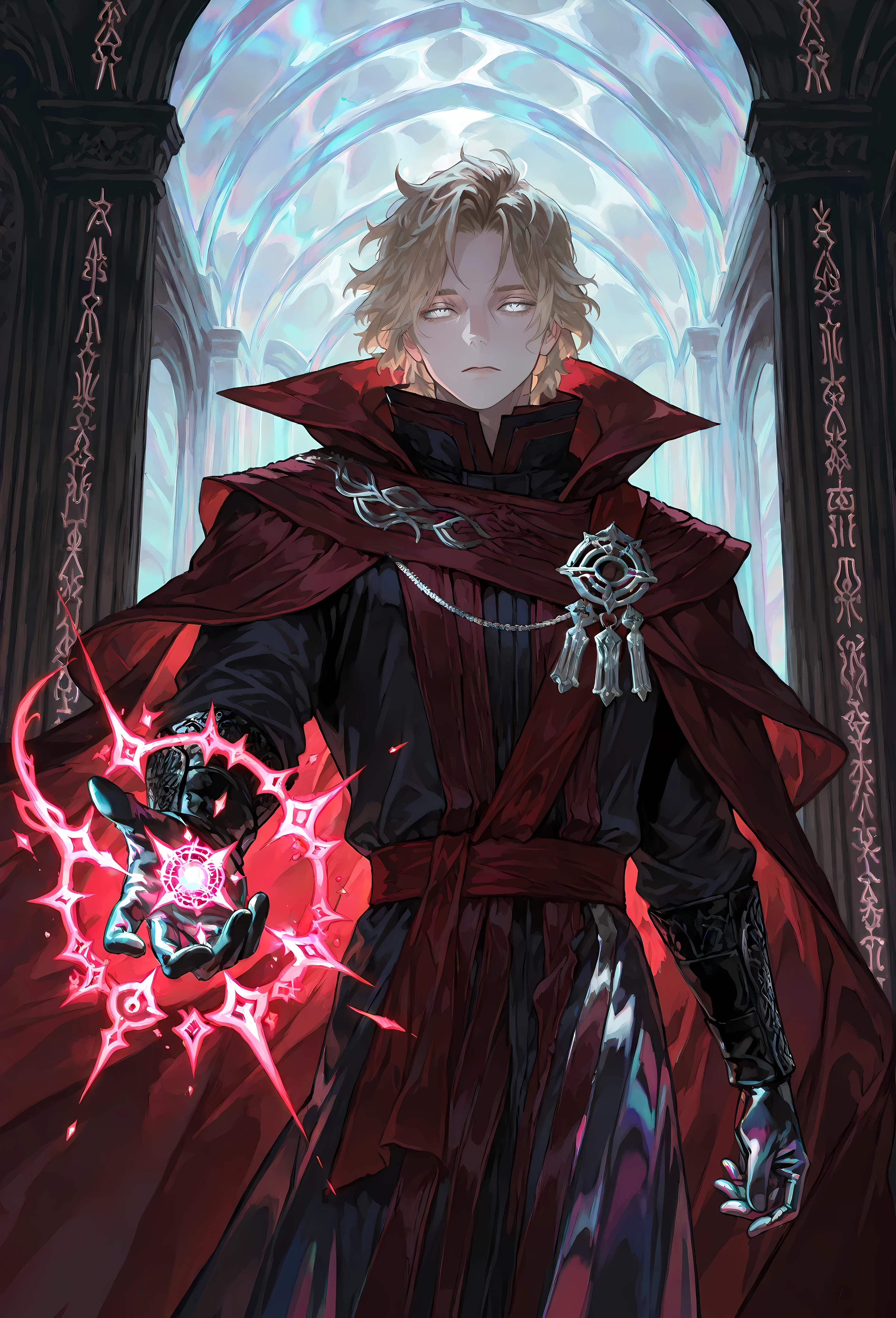 8k, beautiful masterpiece, looking out at the front, alone, pale skin, Perfect Eyes shape, Athletic Build, ((He wears: Black Doctor Strange Robes, Eye of Agamotto Amulet, Dark Red Cape with Cowl, Mystic Gloves, Dark Red Sash)), (((background is vast magic library, looks emotionless and somber while casting a spell via magic sigils and glyphs))), 23 years old male, 1 man, male-centered, handsome man, handsome, short messy hair, blonde hair, Thick painted, (((iridescent silver eyes))), Perfect Eyes, masterpiece, top quality, amazing quality, exquisite details, very detailed, semi-realism art , semi-realism art style