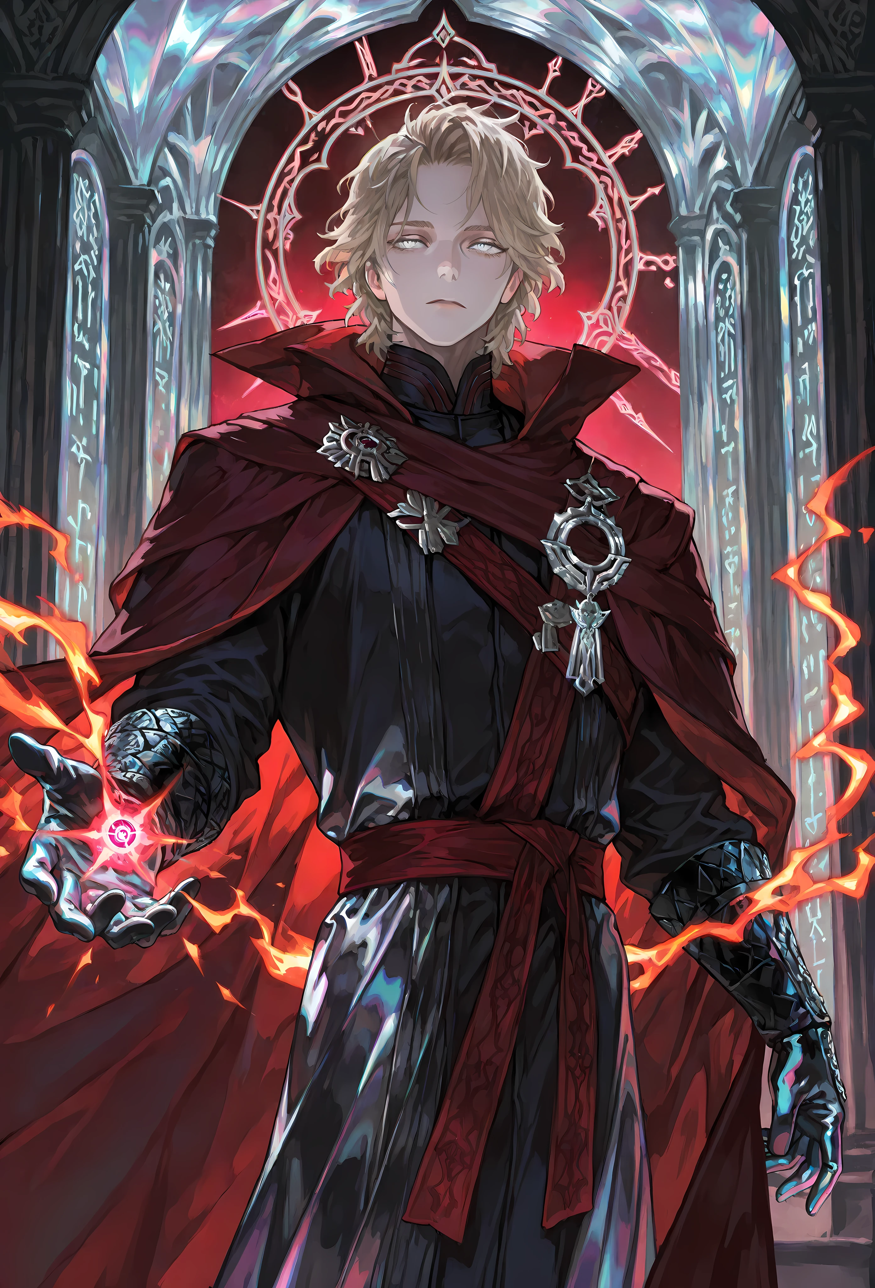 8k, beautiful masterpiece, looking out at the front, alone, pale skin, Perfect Eyes shape, Athletic Build, ((He wears: Black Doctor Strange Robes, Eye of Agamotto Amulet, Dark Red Cape with Cowl, Mystic Gloves, Dark Red Sash)), (((background is vast magic library, looks emotionless and somber while casting a spell via magic sigils and glyphs))), 23 years old male, 1 man, male-centered, handsome man, handsome, short messy hair, blonde hair, Thick painted, (((iridescent silver eyes))), Perfect Eyes, masterpiece, top quality, amazing quality, exquisite details, very detailed, semi-realism art , semi-realism art style
