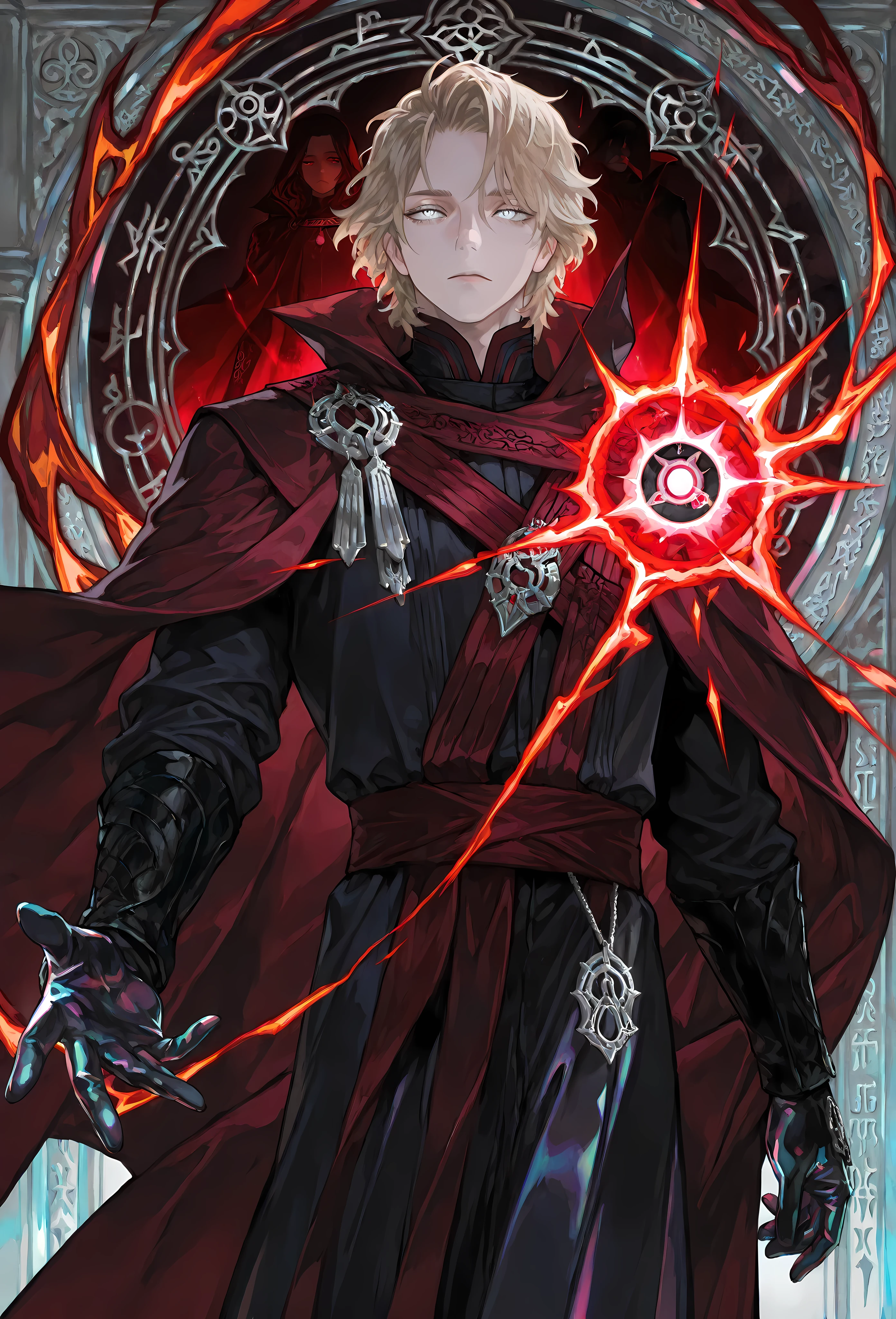 8k, beautiful masterpiece, looking out at the front, alone, pale skin, Perfect Eyes shape, Athletic Build, ((He wears: Black Doctor Strange Robes, Eye of Agamotto Amulet, Dark Red Cape with Cowl, Mystic Gloves, Dark Red Sash)), (((background is vast magic library, looks emotionless and somber while casting a spell via magic sigils and glyphs))), 23 years old male, 1 man, male-centered, handsome man, handsome, short messy hair, blonde hair, Thick painted, (((iridescent silver eyes))), Perfect Eyes, masterpiece, top quality, amazing quality, exquisite details, very detailed, semi-realism art , semi-realism art style