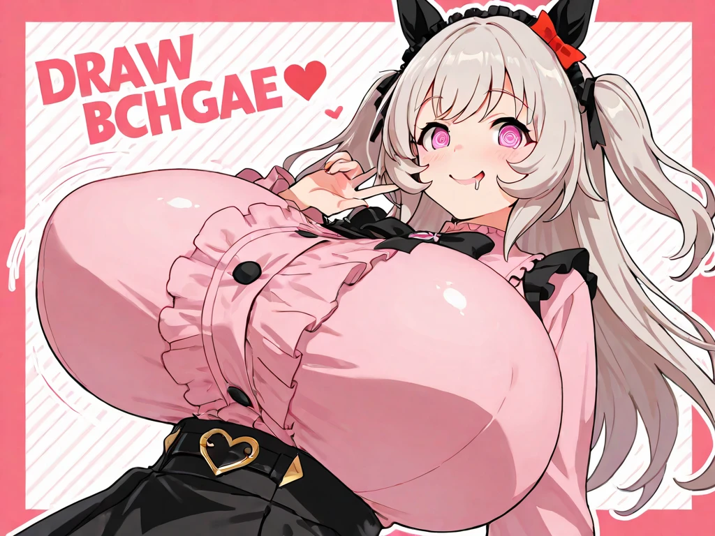 1girl, long pink hair, gigantic ass, black and white striped panties, smug smile, smug, plump, fat, skindentation, fat, overweight, bbw, obese, pleated skirt, loli, peace sign, tongue out, stockings, massive breasts