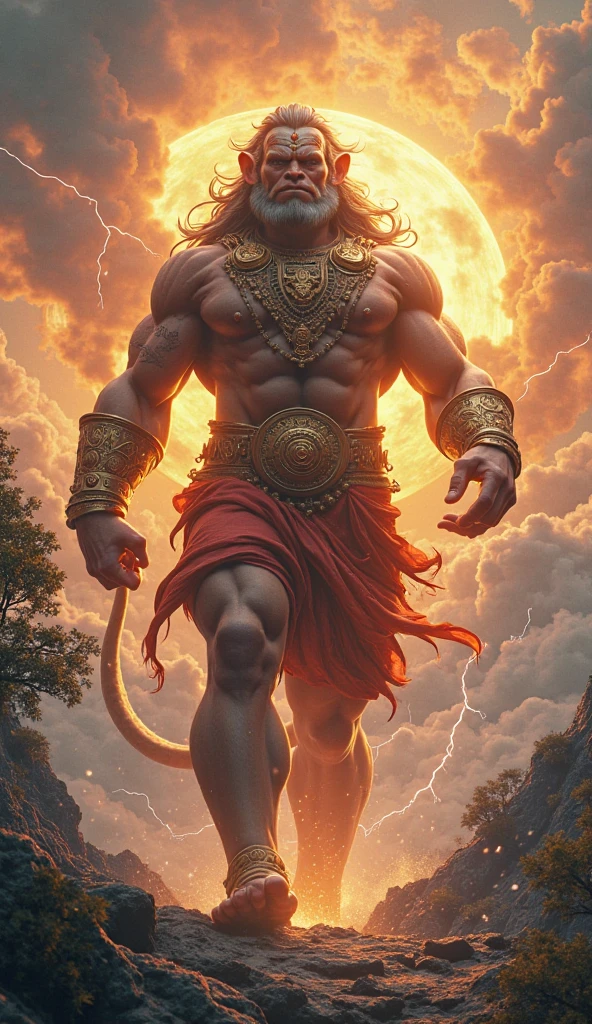 "Create a high-definition image of Lord Hanuman standing on a large rock or stone. He is depicted as a powerful and divine figure, with a muscular physique and a determined expression. Hanuman's right hand firmly holds his iconic mace (gada), while his tail is wrapped around his left hand. His body is adorned with traditional ornaments and clothing, including a golden crown. The background should reflect a celestial or spiritual environment, with a warm, glowing aura surrounding Hanuman, highlighting his divinity. The overall scene should capture the strength, courage, and devotion associated with Lord Hanuman."