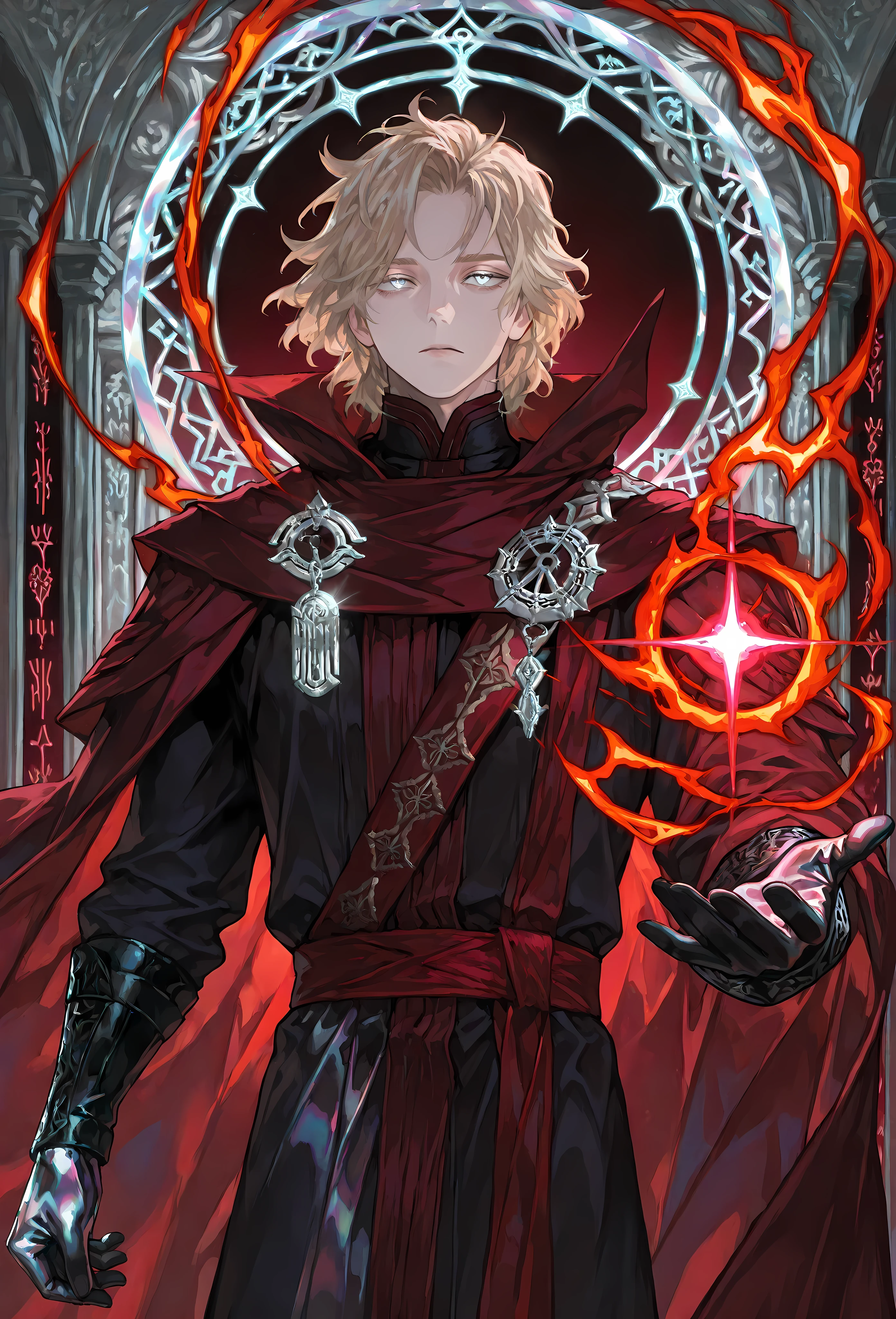 8k, beautiful masterpiece, looking out at the front, alone, pale skin, Perfect Eyes shape, Athletic Build, ((He wears: Black Doctor Strange Robes, Eye of Agamotto Amulet, Dark Red Cape with Cowl, Mystic Gloves, Dark Red Sash)), (((background is vast magic library, looks emotionless and somber while casting a spell via magic sigils and glyphs))), 23 years old male, 1 man, male-centered, handsome man, handsome, short messy hair, blonde hair, Thick painted, (((iridescent silver eyes))), Perfect Eyes, masterpiece, top quality, amazing quality, exquisite details, very detailed, semi-realism art , semi-realism art style