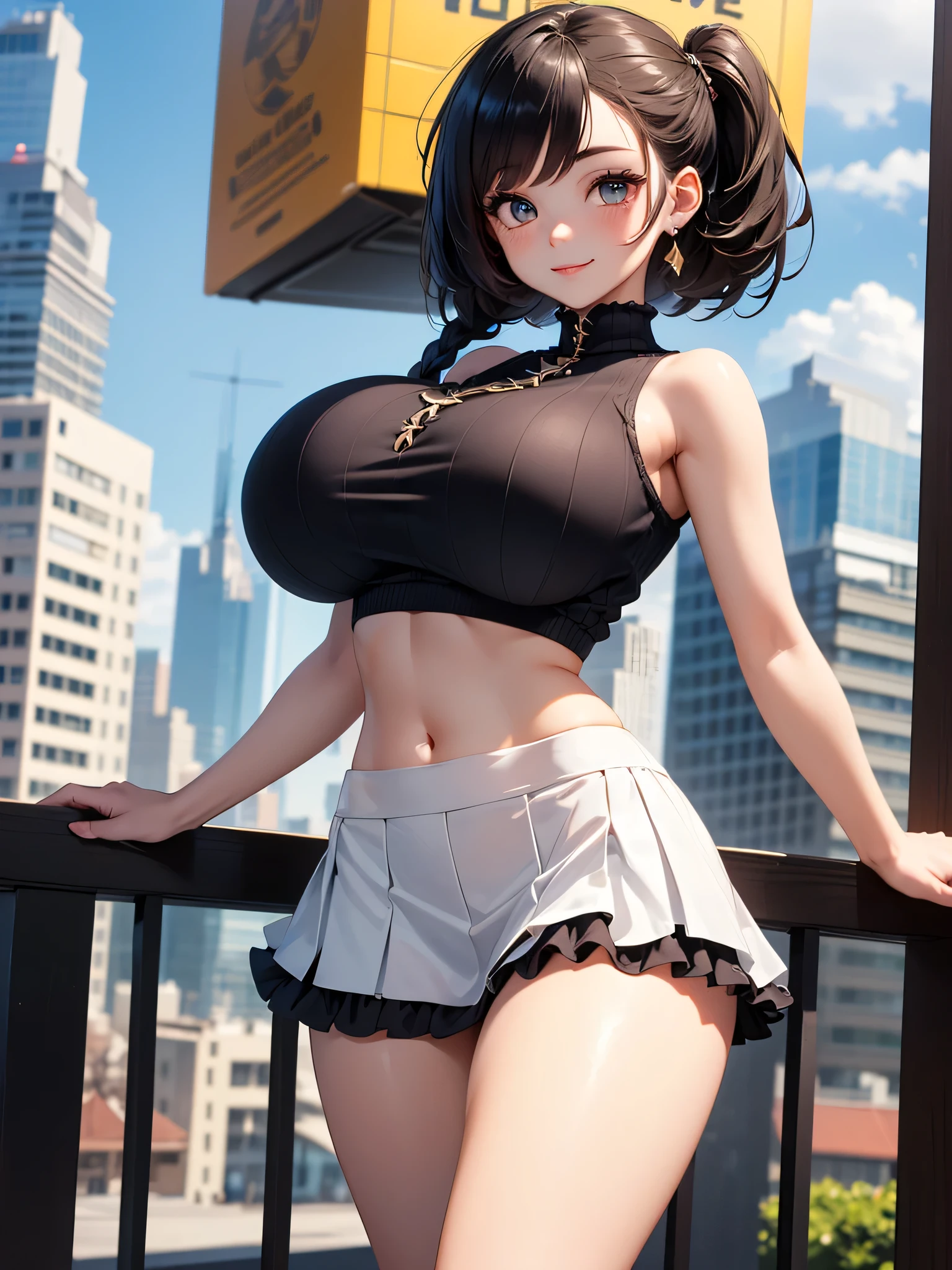 Official Art, masterpiece, Sharp Focus, (femele:1.3), bbw、plump、Delicate Beautiful Hair and Eyes and Face, realisitic, ultra-detailliert, Beautuful Women, blue-sky, Glow white particles, (side lights:1.2), rays of sunshine, white clouds, Fine clouds, Very big breasts and big buttocks, Show your teeth and smile, ((Smile with your eyes, open both eyes)), scenic、sexy facial expression、buliding、(A city scape:1.7)、Epic Landscapes、