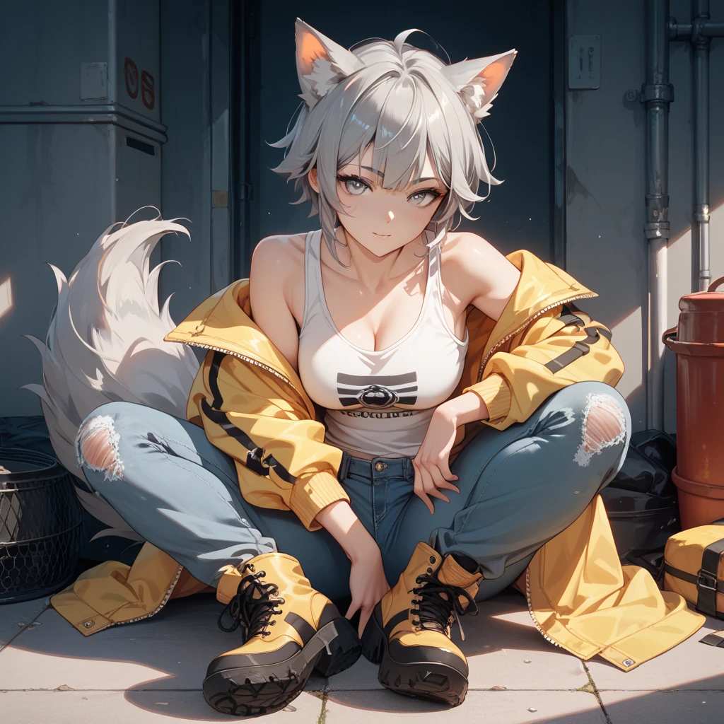 anime girl, white hair pigtails, black ribbons, blushing, blue glowing eyes, white cat ears, 8k, high res, full body, 1 girl, good lighting, fine detail, brown fur jacket, blue jeans, glasses, red glove, (masterpiece), perfect face, best quality, looking at view, sitting